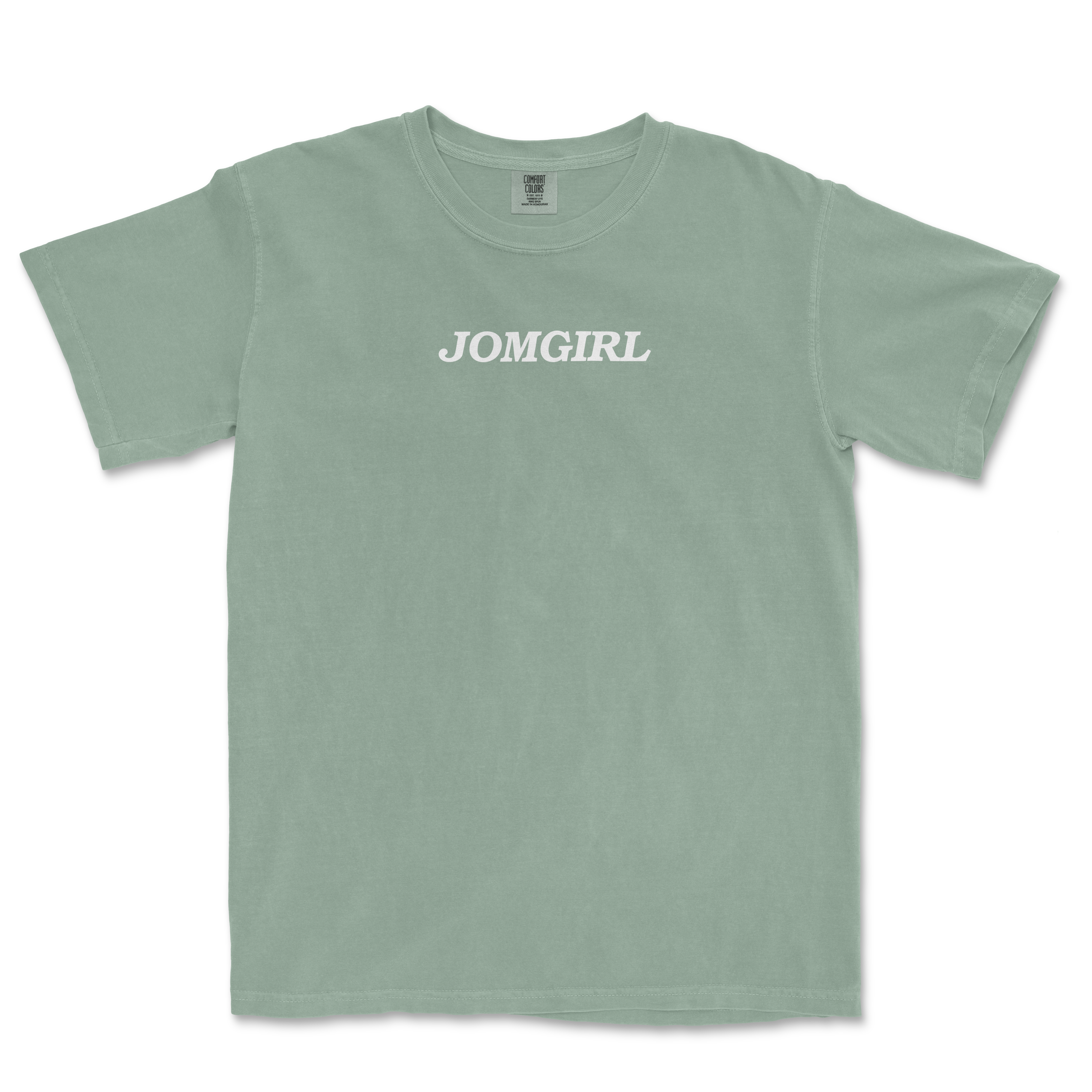 Light green Jomgirl t-shirt featuring bold white lettering, perfect for sports fans and casual wear.