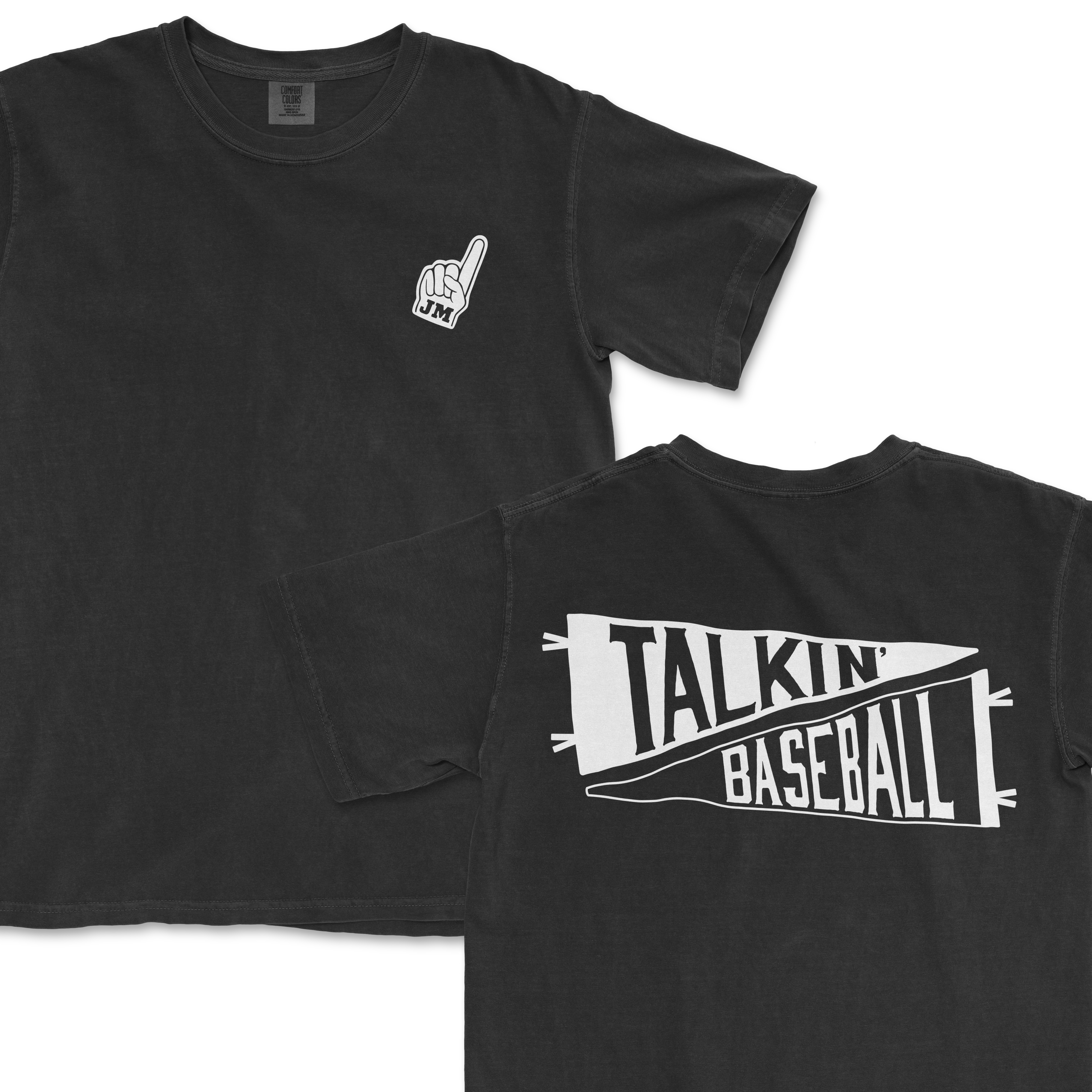 Black T-shirt with "Talkin' Baseball" graphic on the back and a small hand pointing up with "JM" on the front.