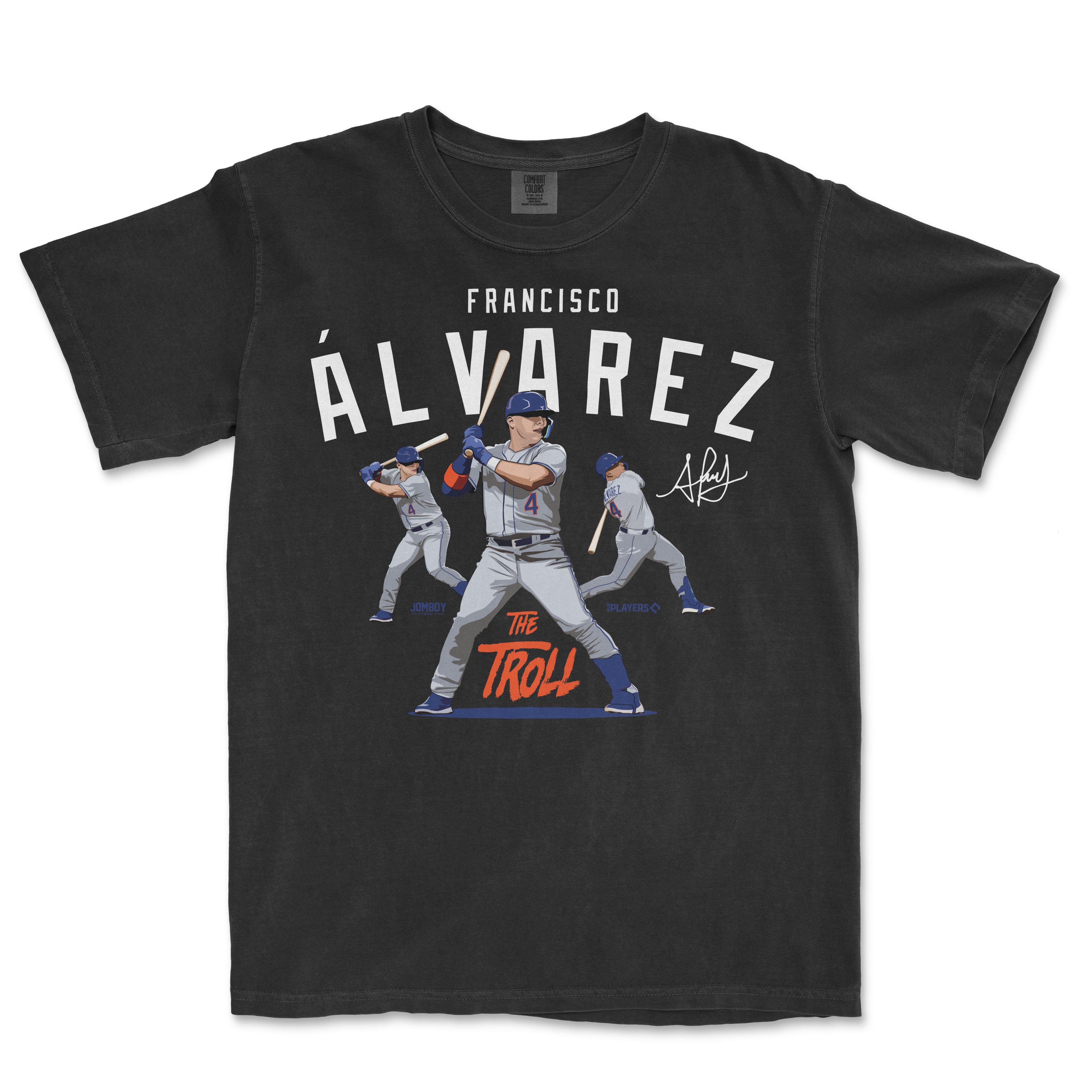 Black T-shirt featuring animated illustrations of Francisco Álvarez in baseball poses, with his name, signature, and "The Troll" text.