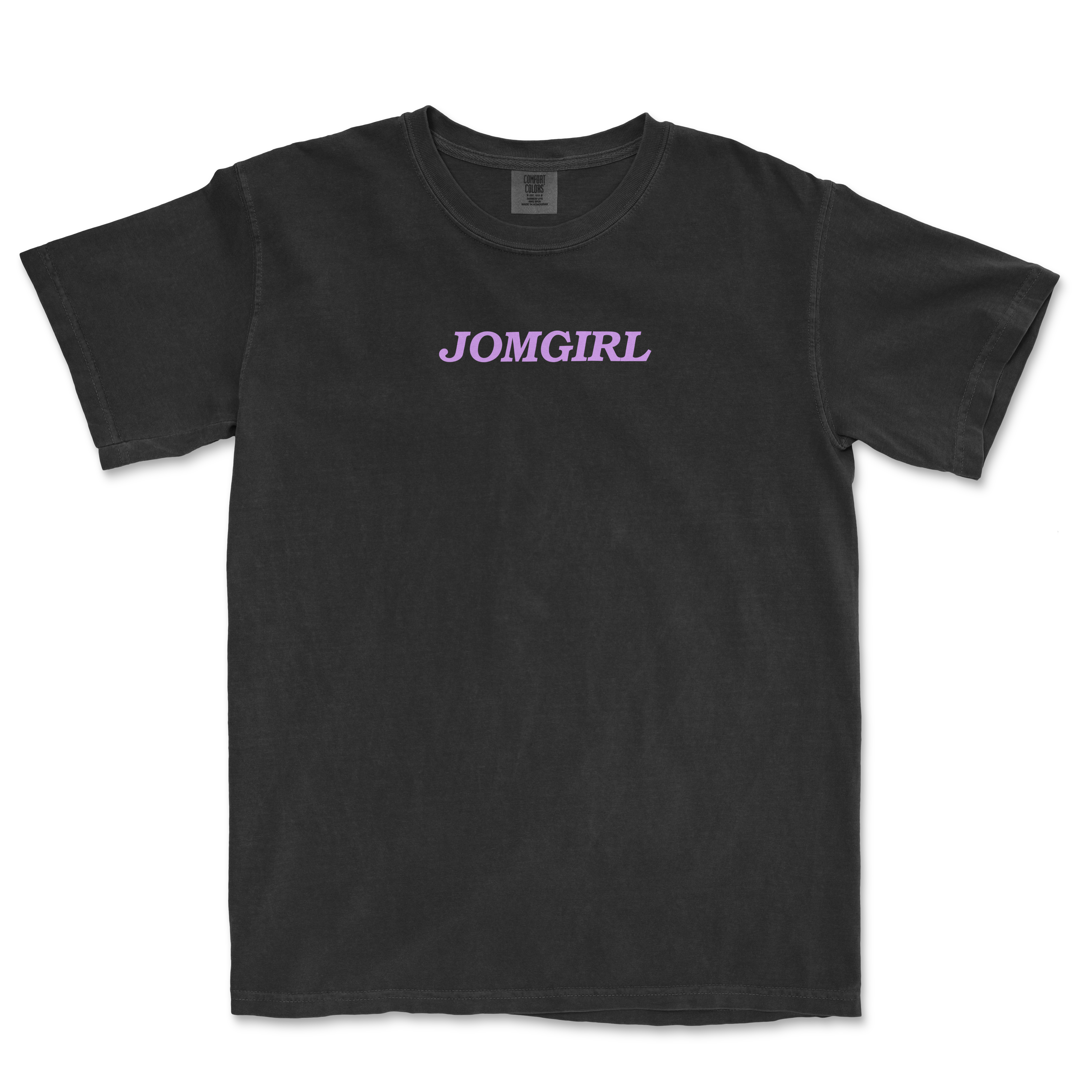 Black t-shirt featuring the word "JOMGIRL" in bold purple lettering, designed for sports fans and casual wear.