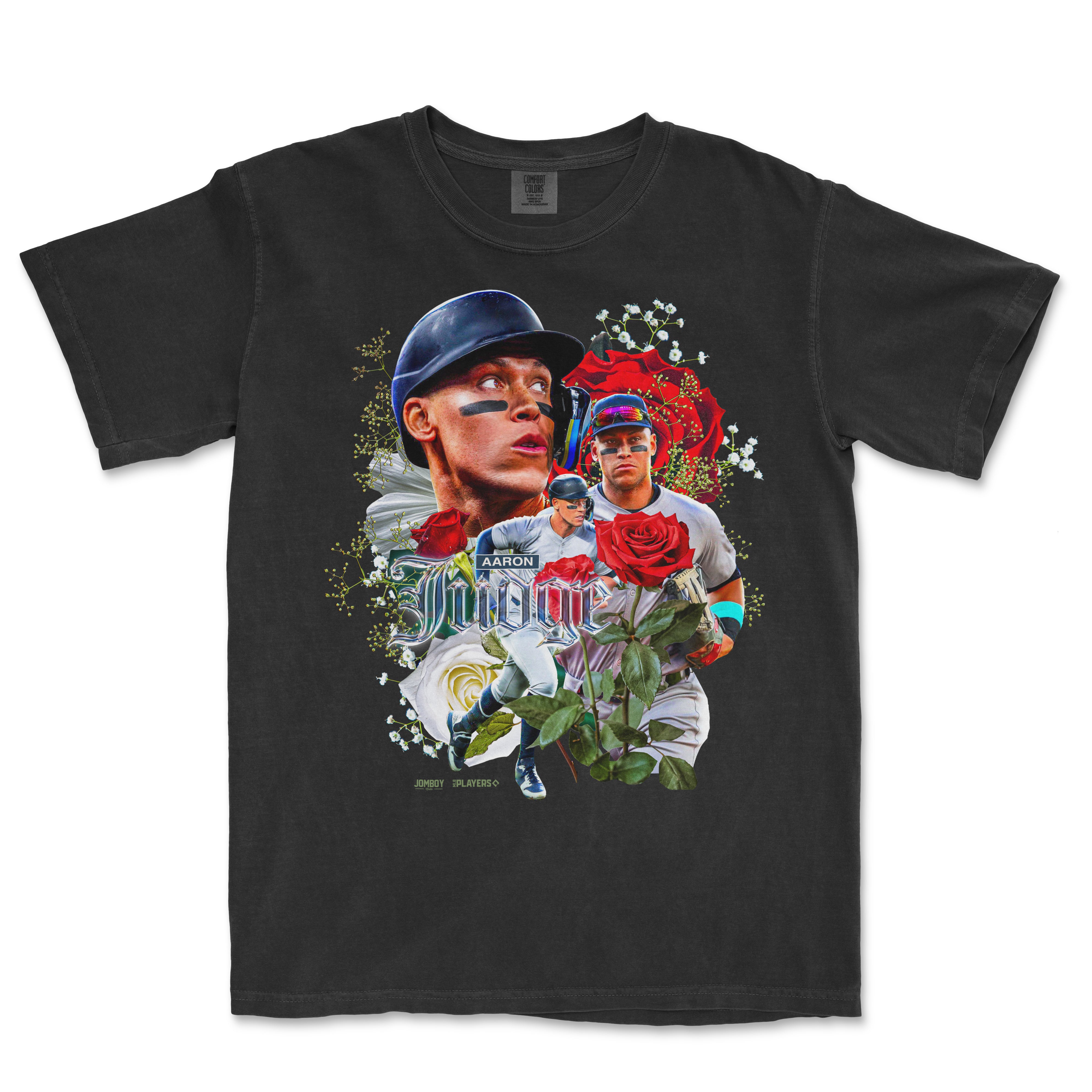T-shirt featuring a collage of baseball players, roses, and floral elements with the phrase "Smell the Roses" in vibrant text.