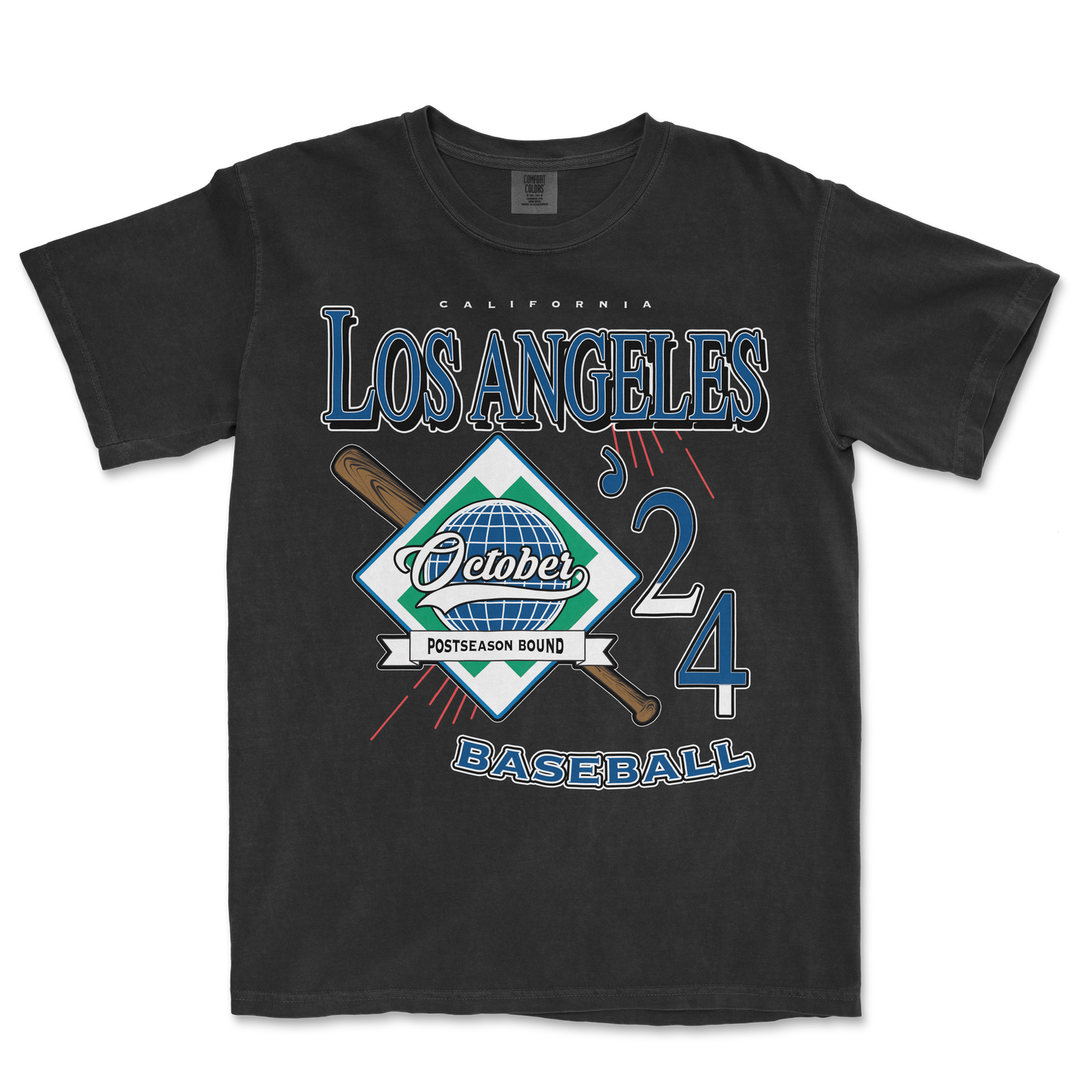 Black Comfort Colors T-shirt featuring a Los Angeles October 2024 baseball postseason design with a baseball bat and graphic elements.