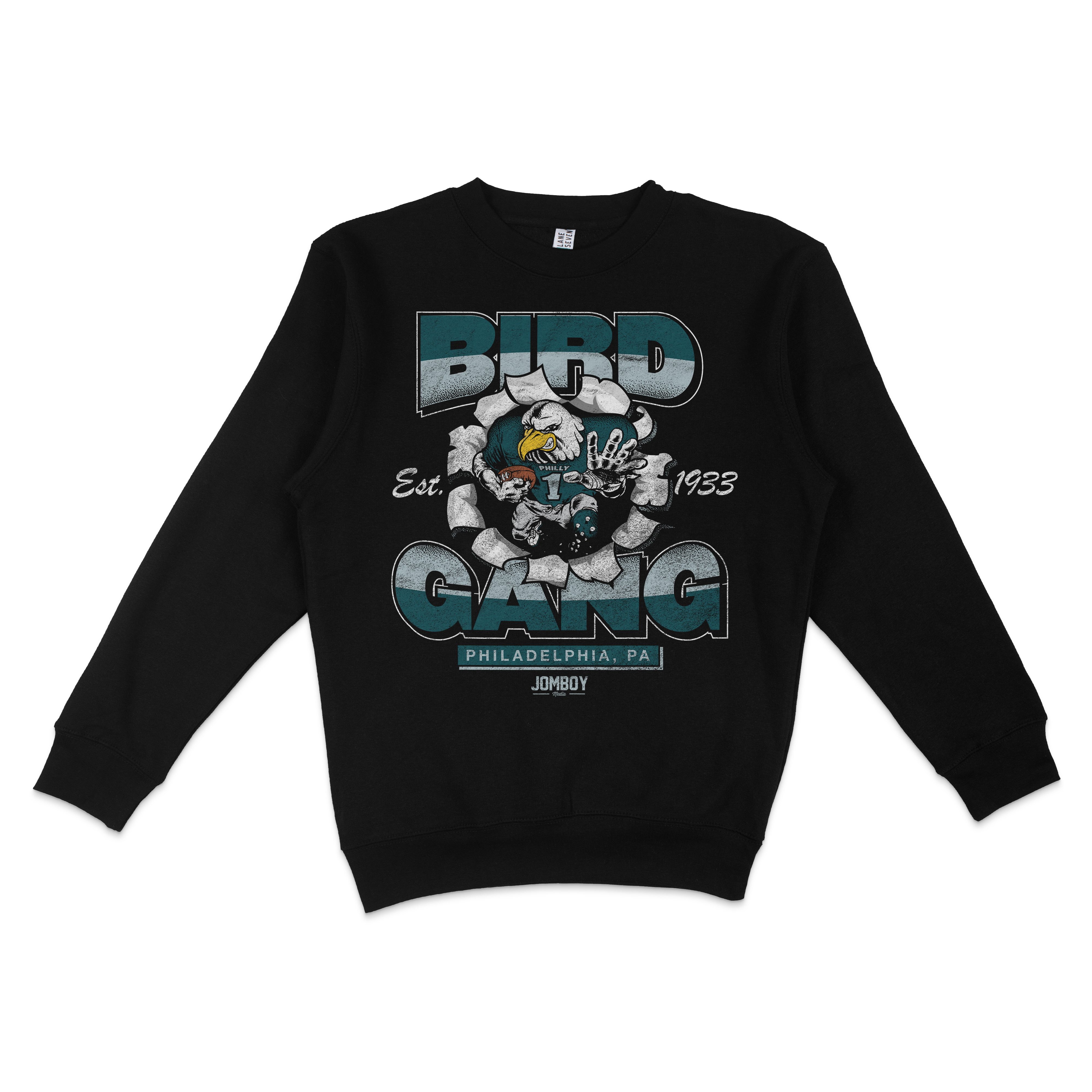Black crewneck sweatshirt featuring a graphic design with a bird mascot, "Bird Gang" text, and "Philadelphia, PA" details.