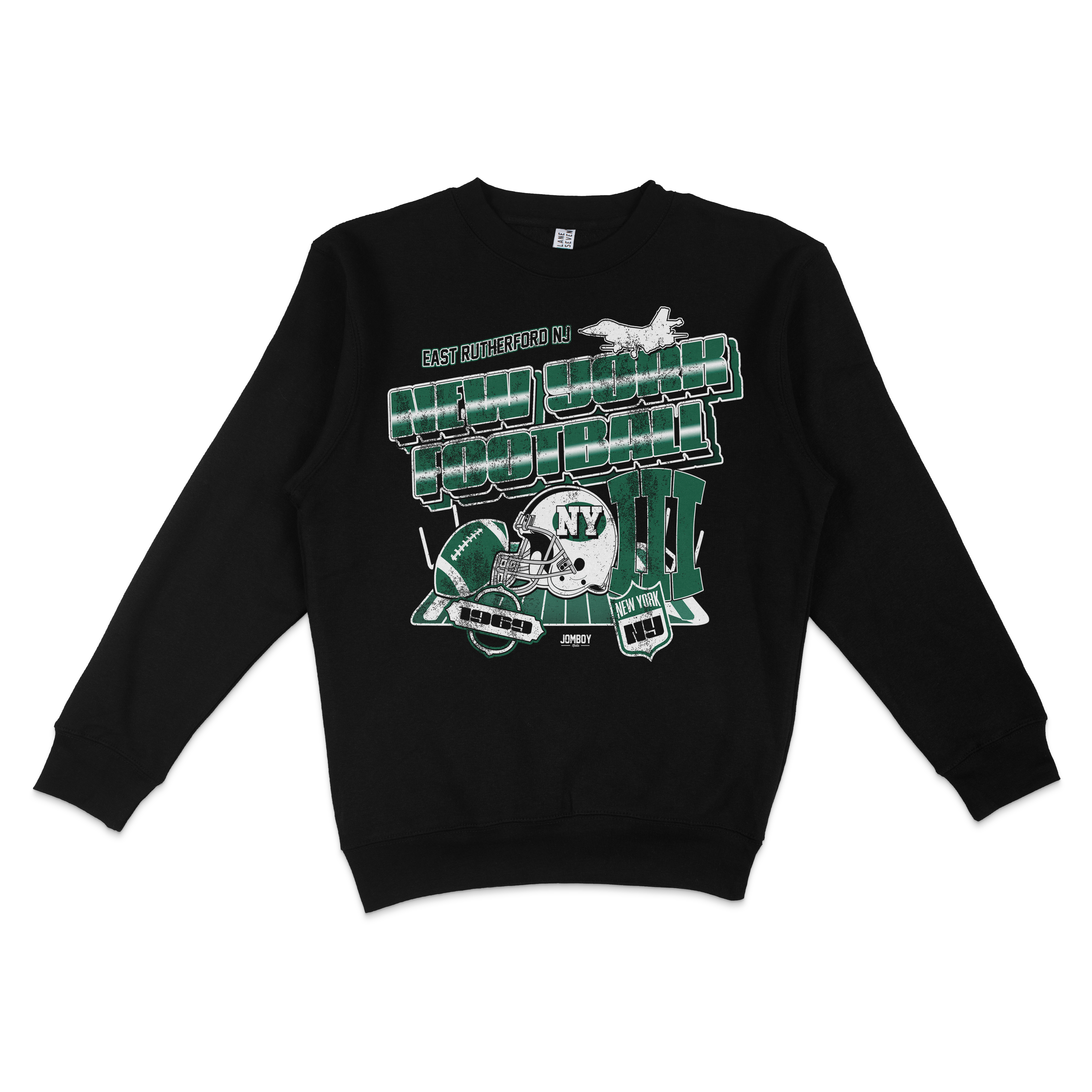 Black crewneck sweatshirt featuring green and white graphics of football helmets, text, and vintage sports elements.