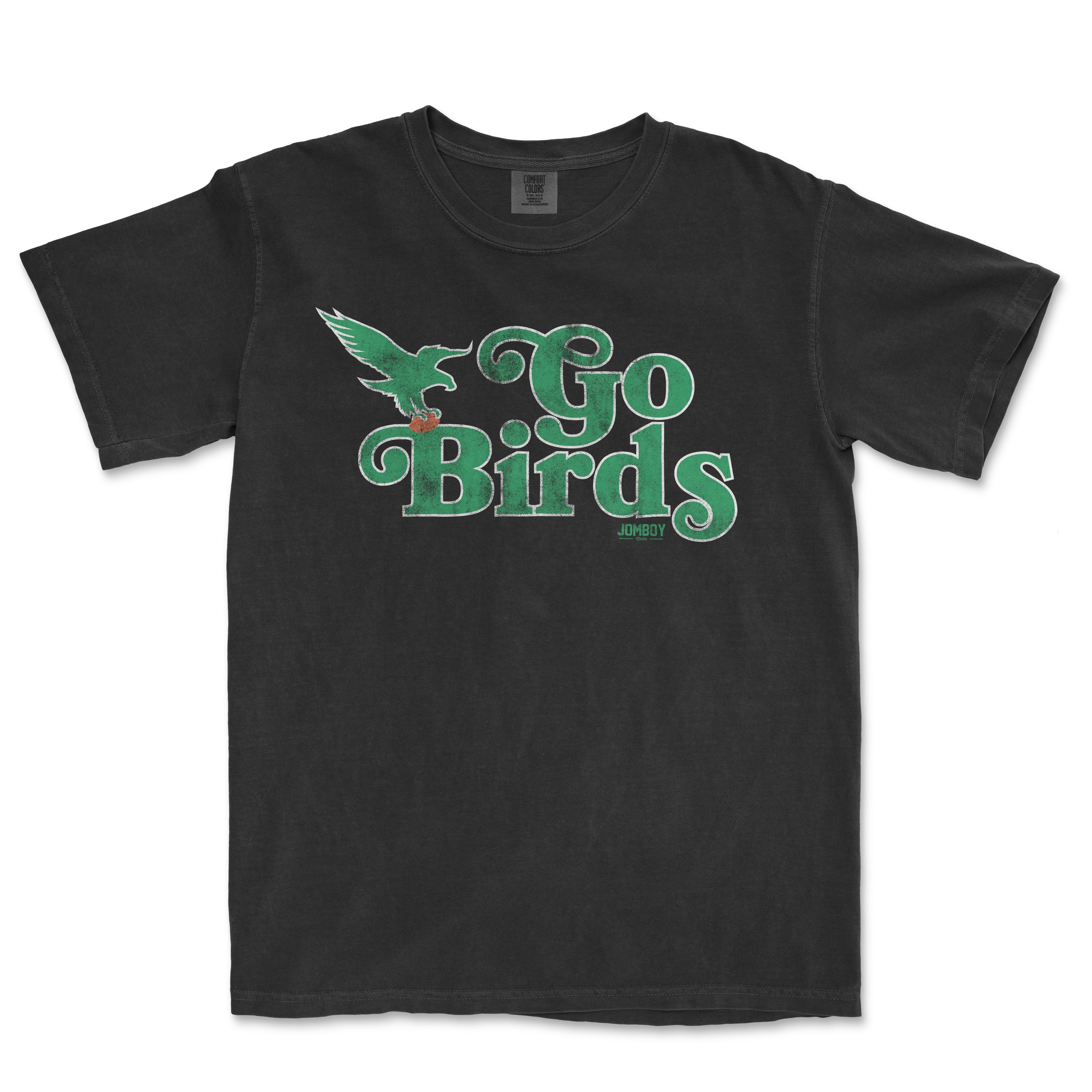 Black vintage Comfort Colors® tee featuring a green "Go Birds" slogan, an eagle graphic, and a small "Jomboy" logo.