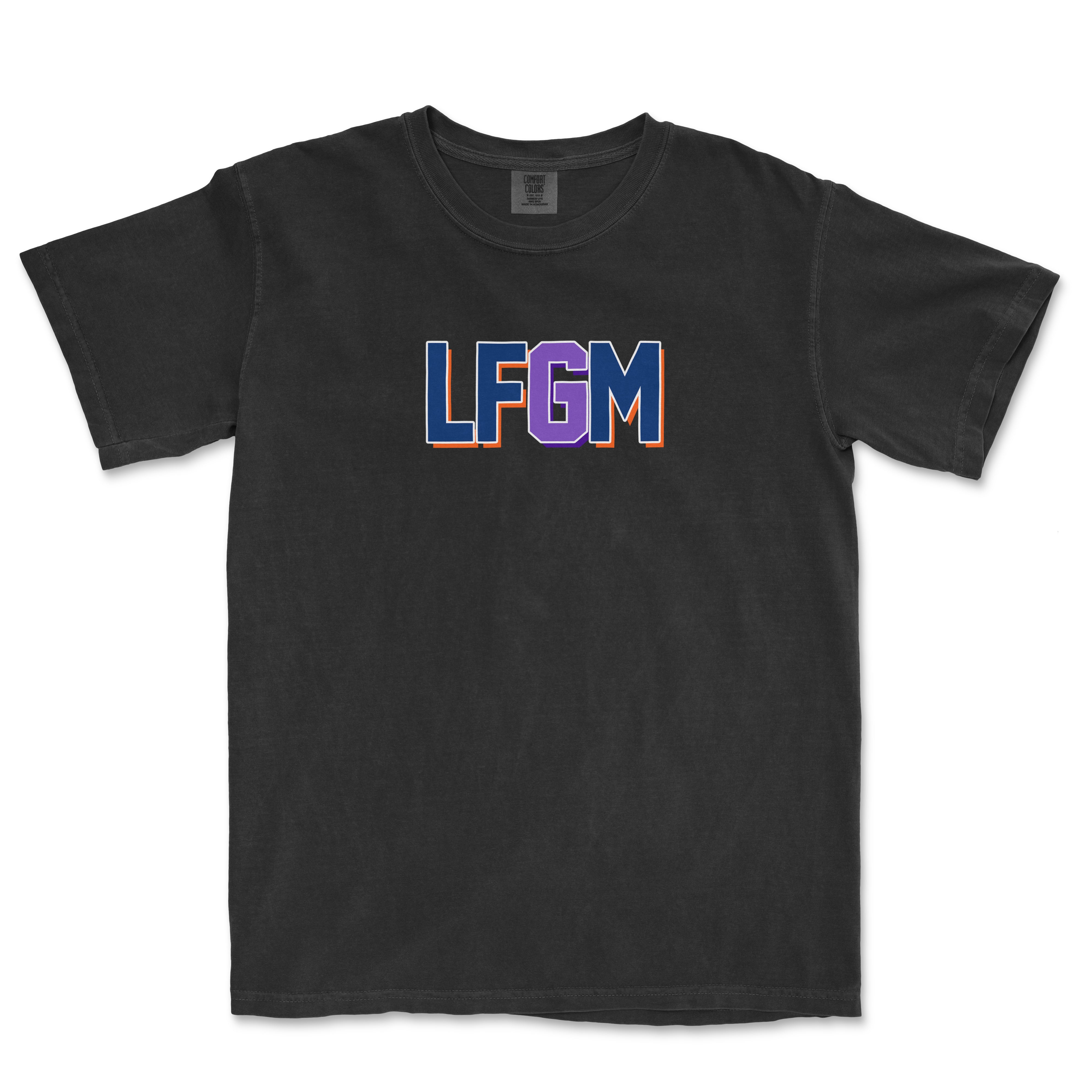 Black Comfort Colors T-shirt with bold "LFGM" text in blue, purple, and orange on the front.