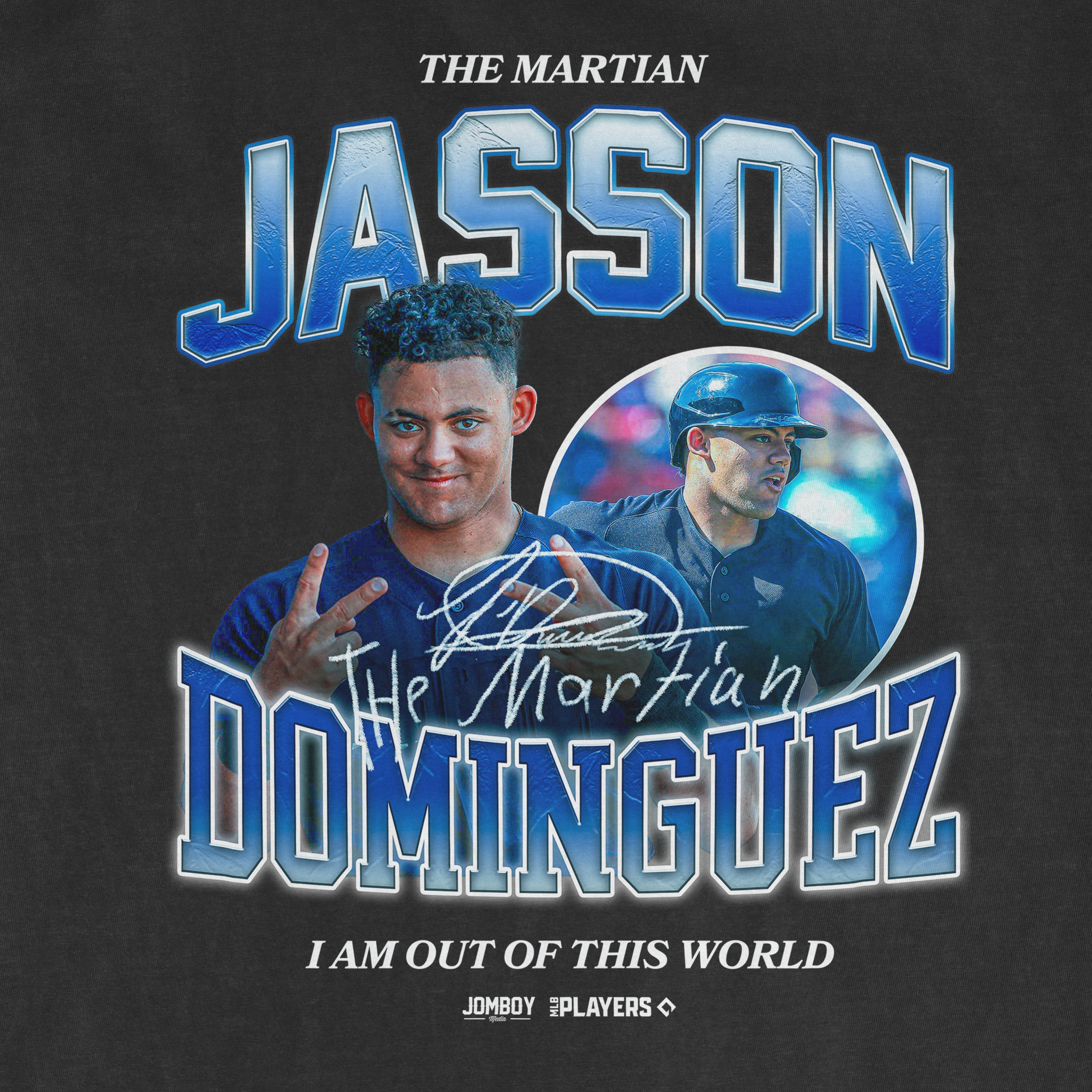 Black Comfort Colors tee featuring Jasson Dominguez's signature, images, and text celebrating his baseball career.