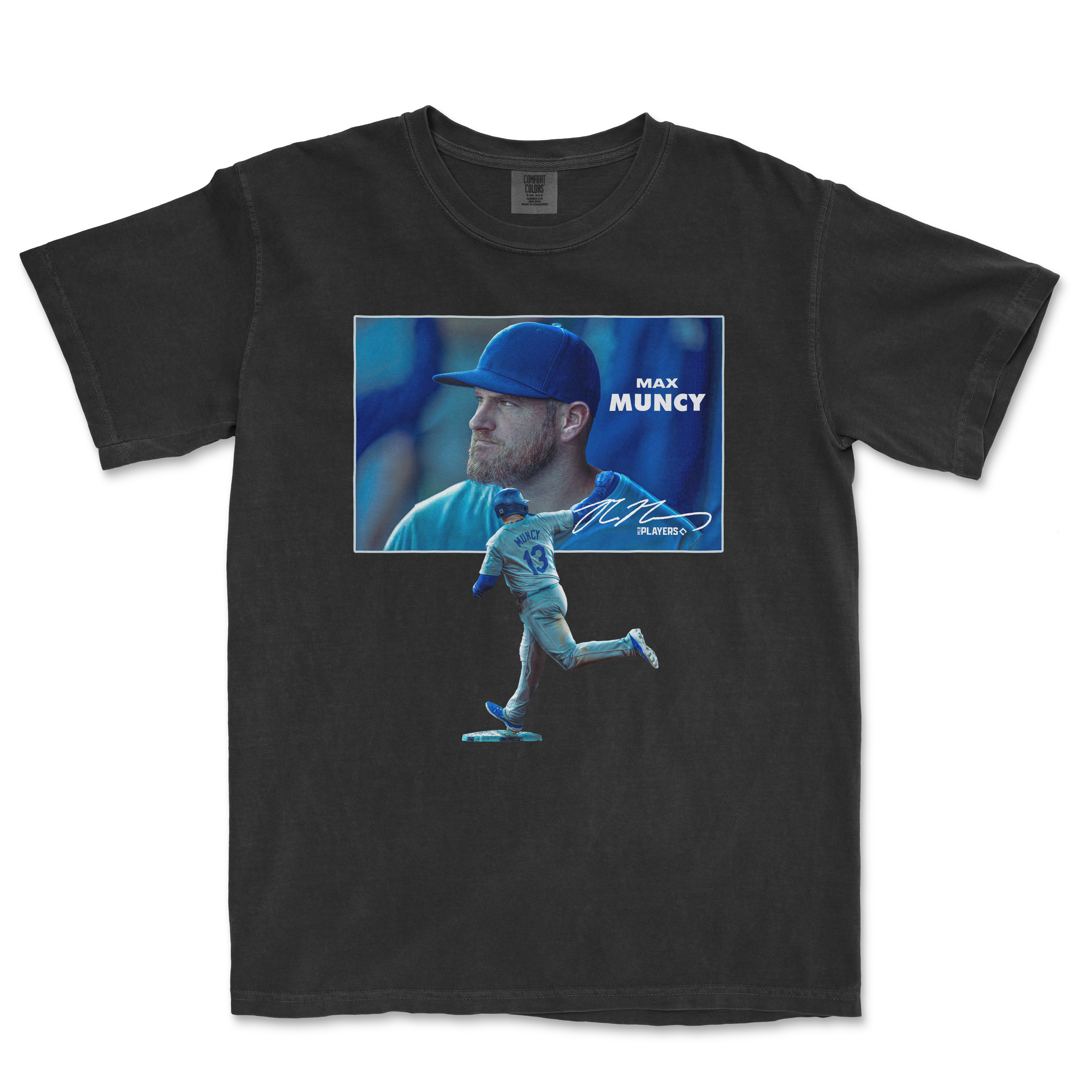 Black Comfort Colors T-shirt featuring Max Muncy's portrait, signature, and action shot in blue tones.
