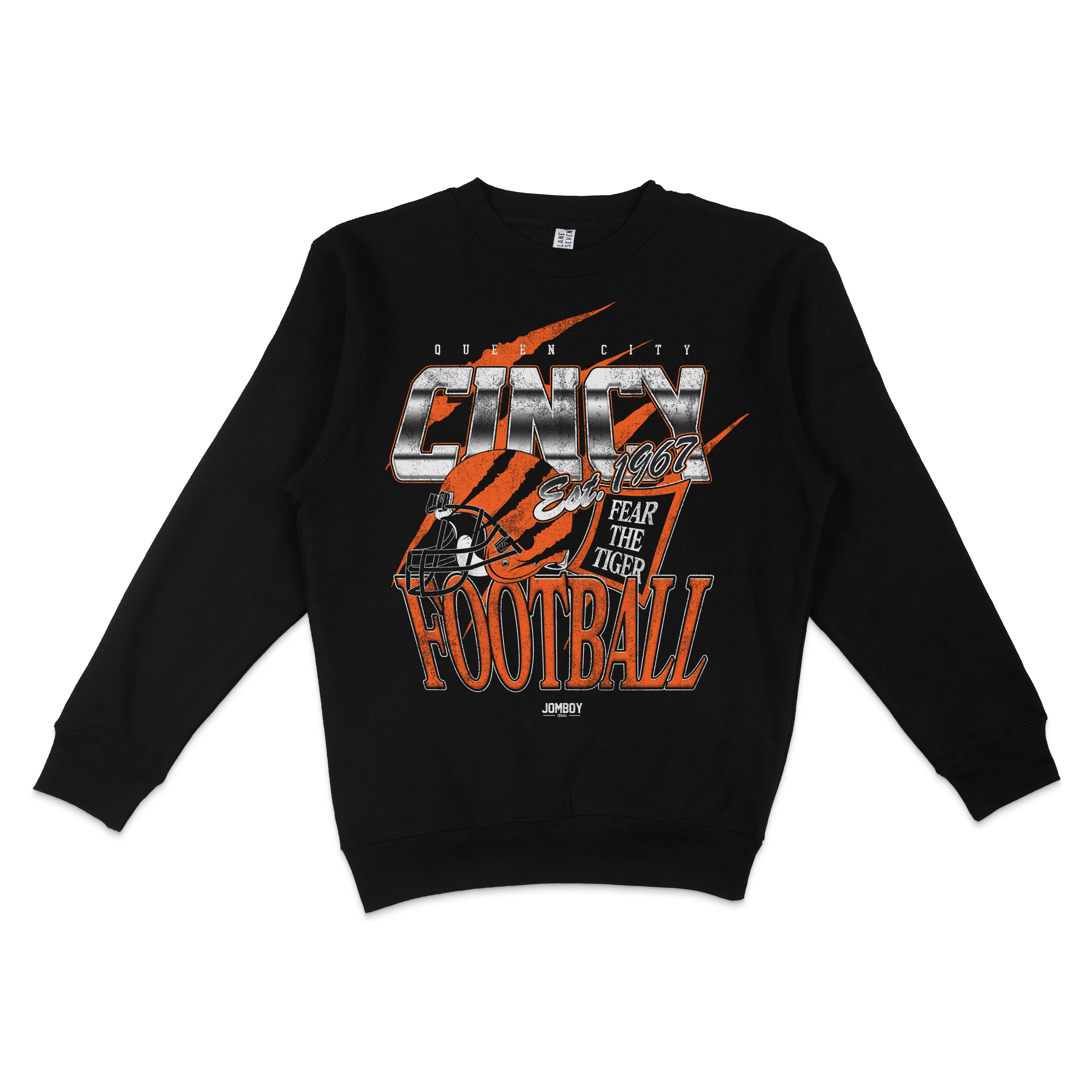 Black crewneck sweatshirt featuring bold orange and gray football-themed graphics with "Fear the Tiger" and "Cincy Football" text.