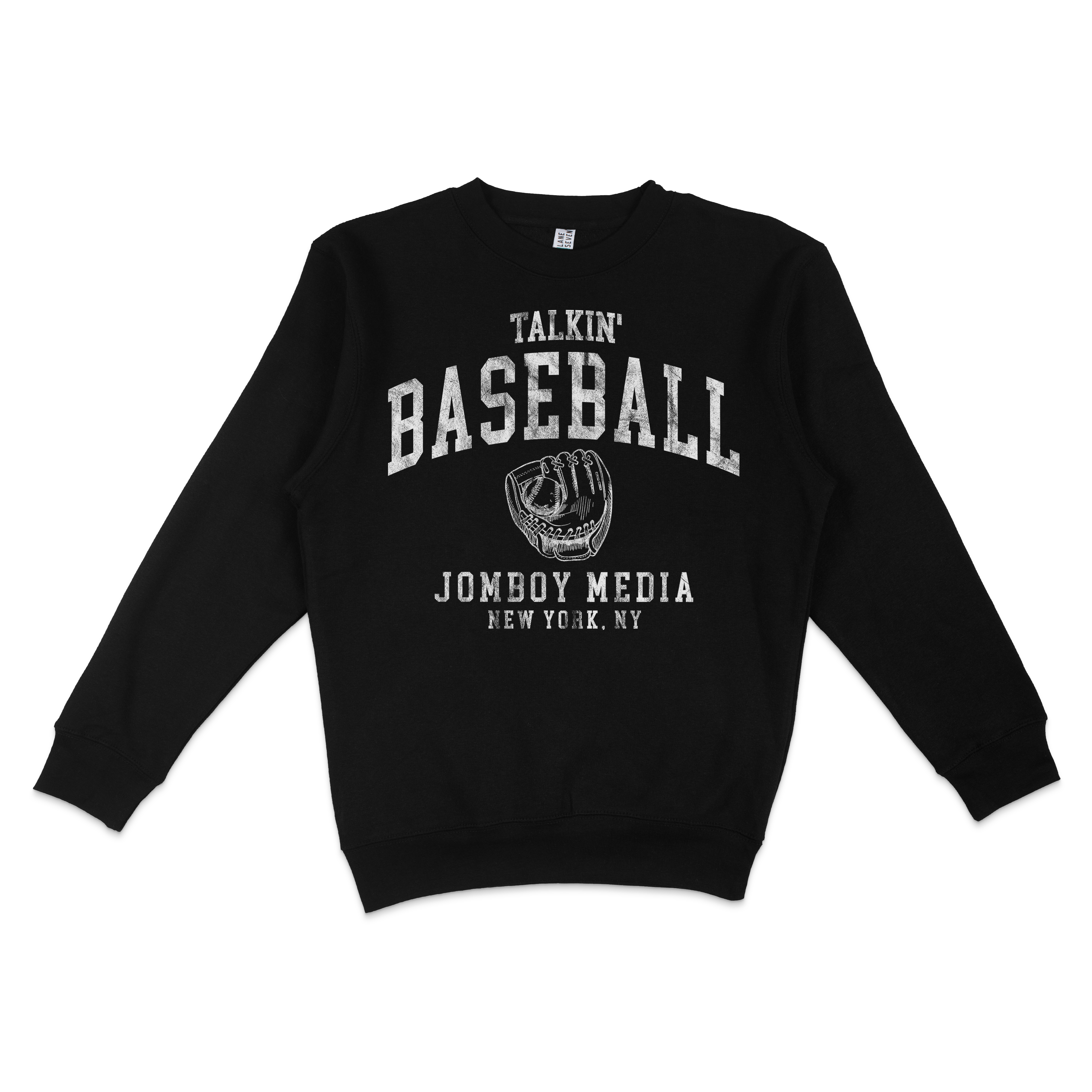 Black crewneck sweatshirt featuring vintage-style white text and graphics that say "Talkin' Baseball 90's Edition" with a baseball glove illustration.