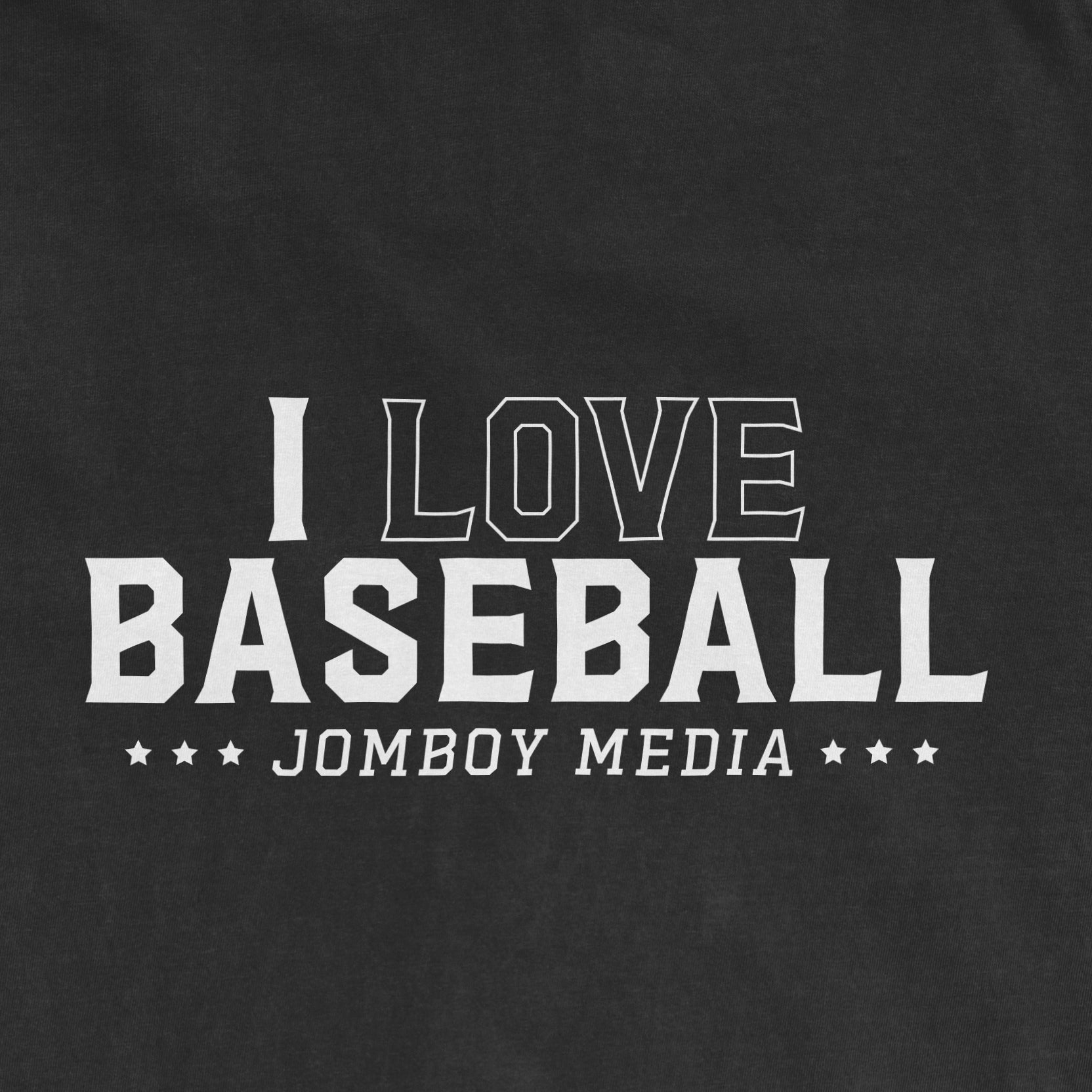 Black vintage T-shirt with white text reading "I LOVE BASEBALL" and "JOMBOY MEDIA" underneath, featuring star accents.