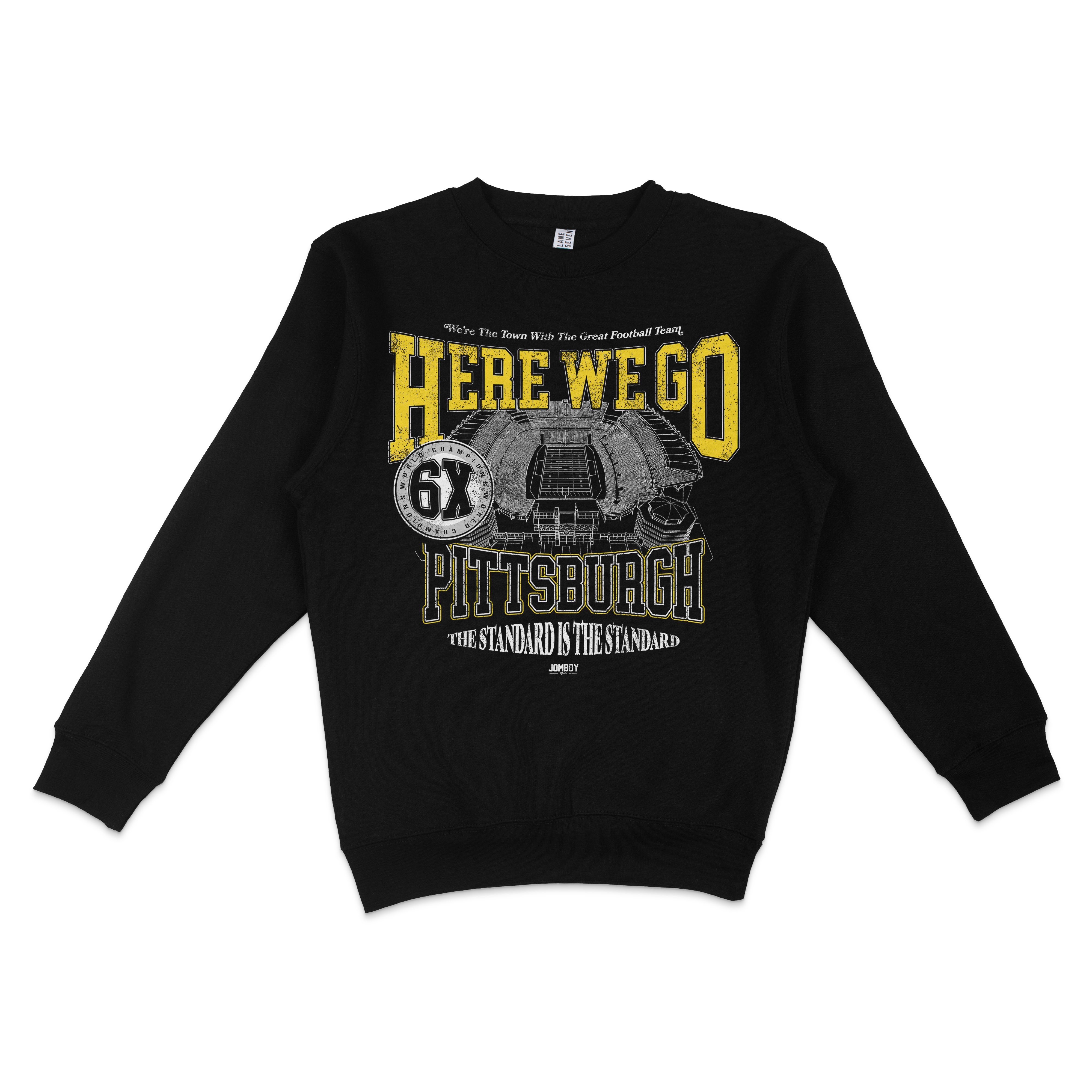Black crewneck sweatshirt featuring yellow and white graphic text and images celebrating Pittsburgh's football team.