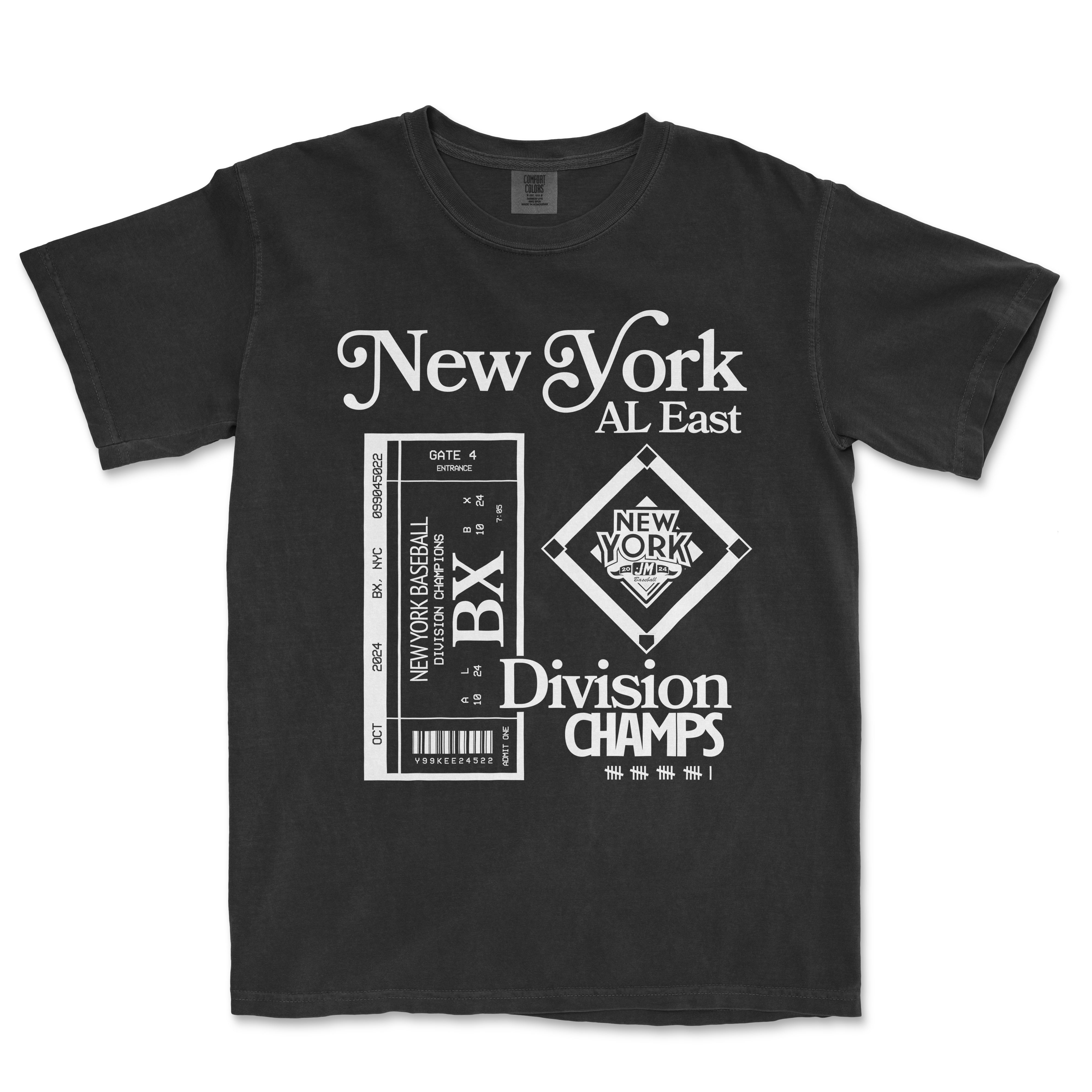 Black Comfort Colors T-shirt featuring white graphic design celebrating NYY Division Champions with baseball-themed elements and text.