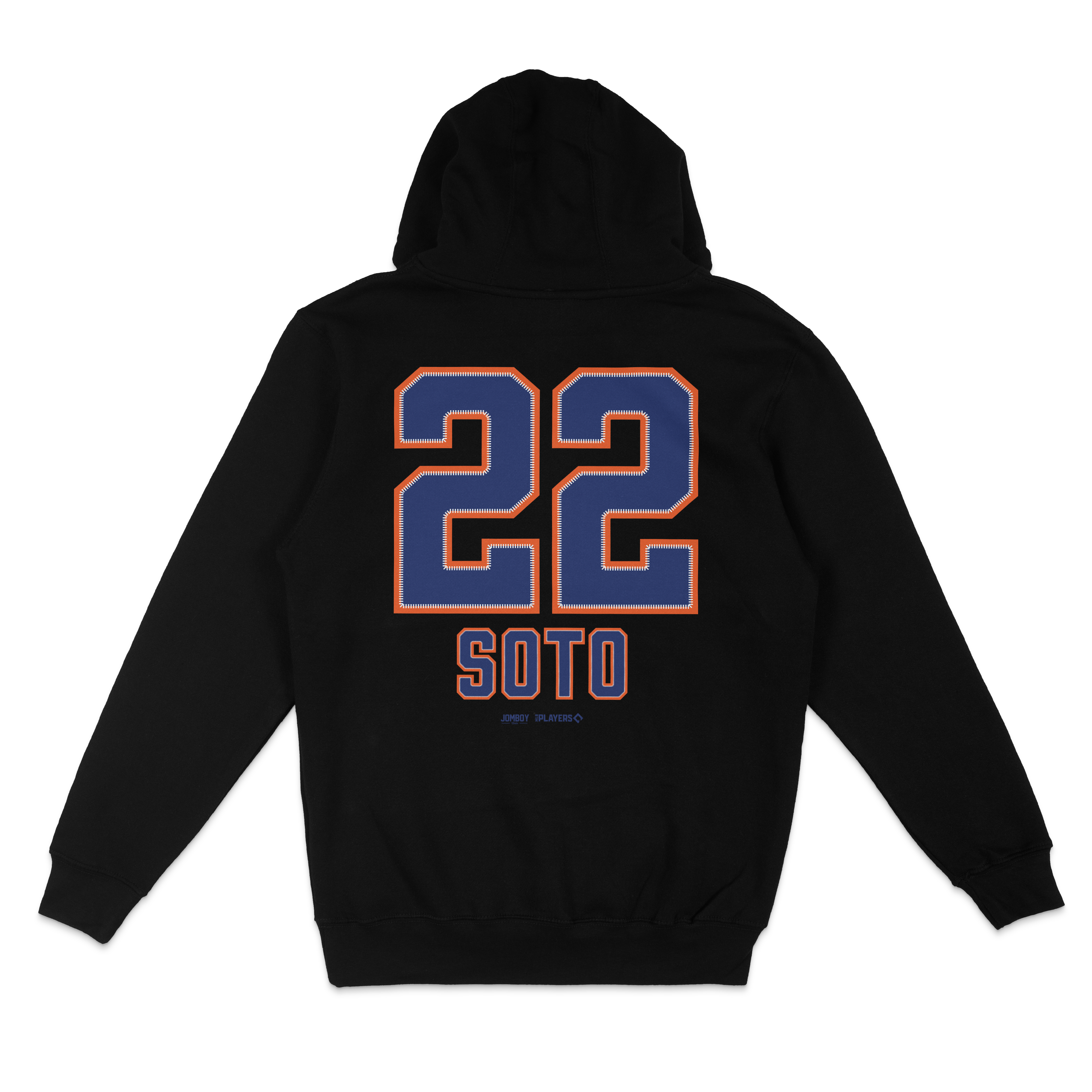 Black crewneck sweatshirt featuring "22" and "SOTO" in blue and orange lettering on the back, celebrating Juan Soto with NYM branding.