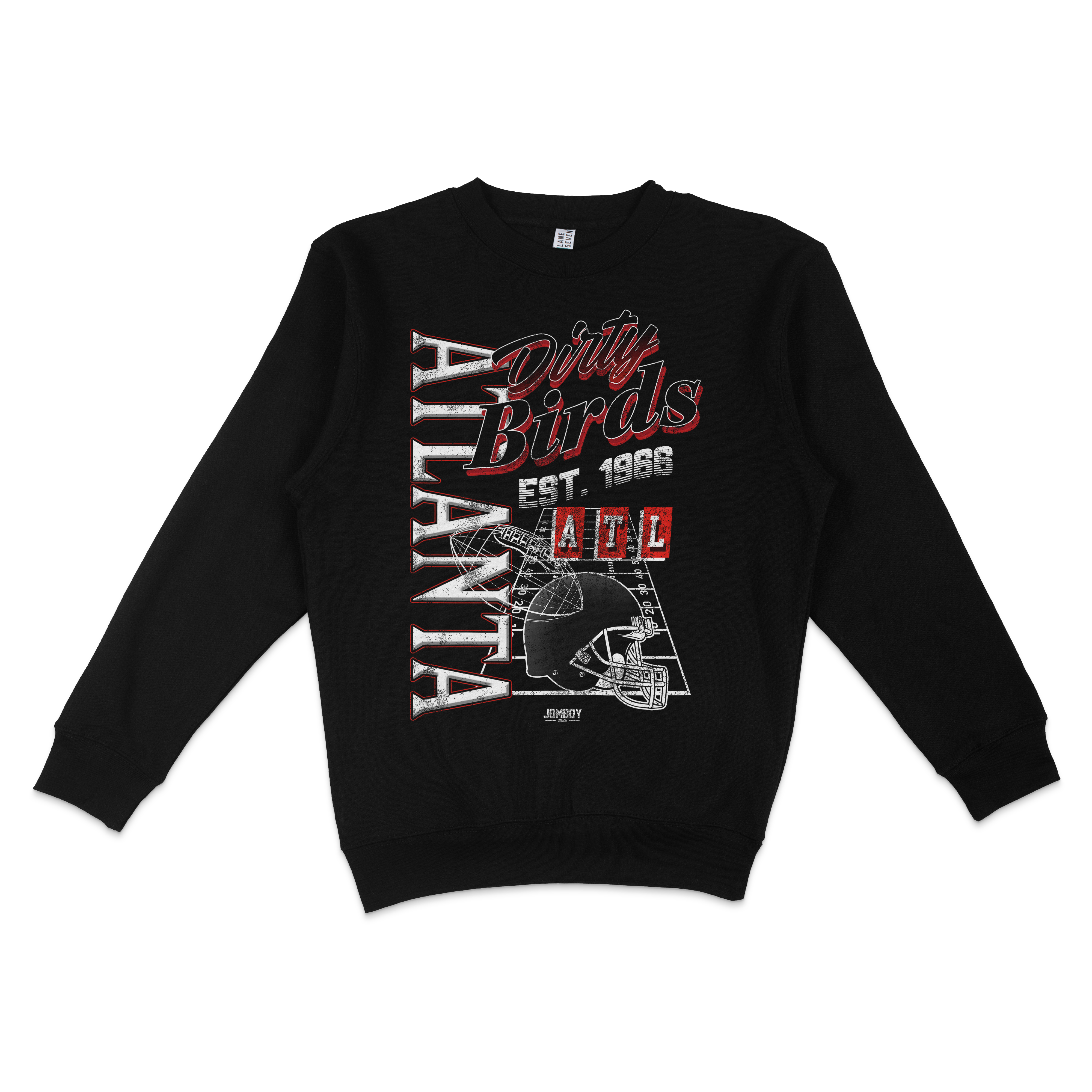 Black crewneck sweatshirt featuring "The Dirty Birds" logo, football helmet graphic, and Atlanta-themed design elements.