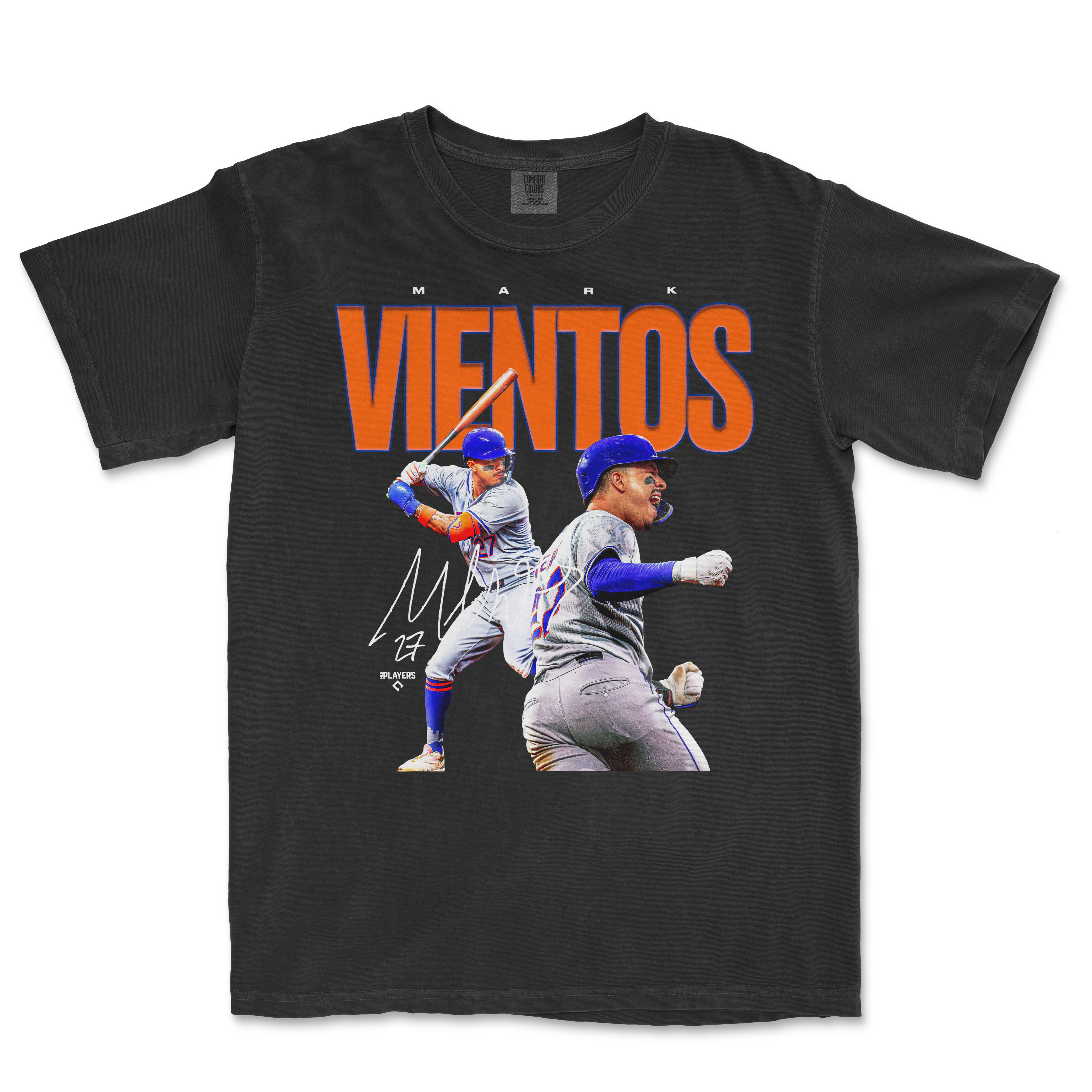 Black Comfort Colors T-shirt featuring a graphic of Mark Vientos in a baseball uniform, with bold "Vientos" text and action images.