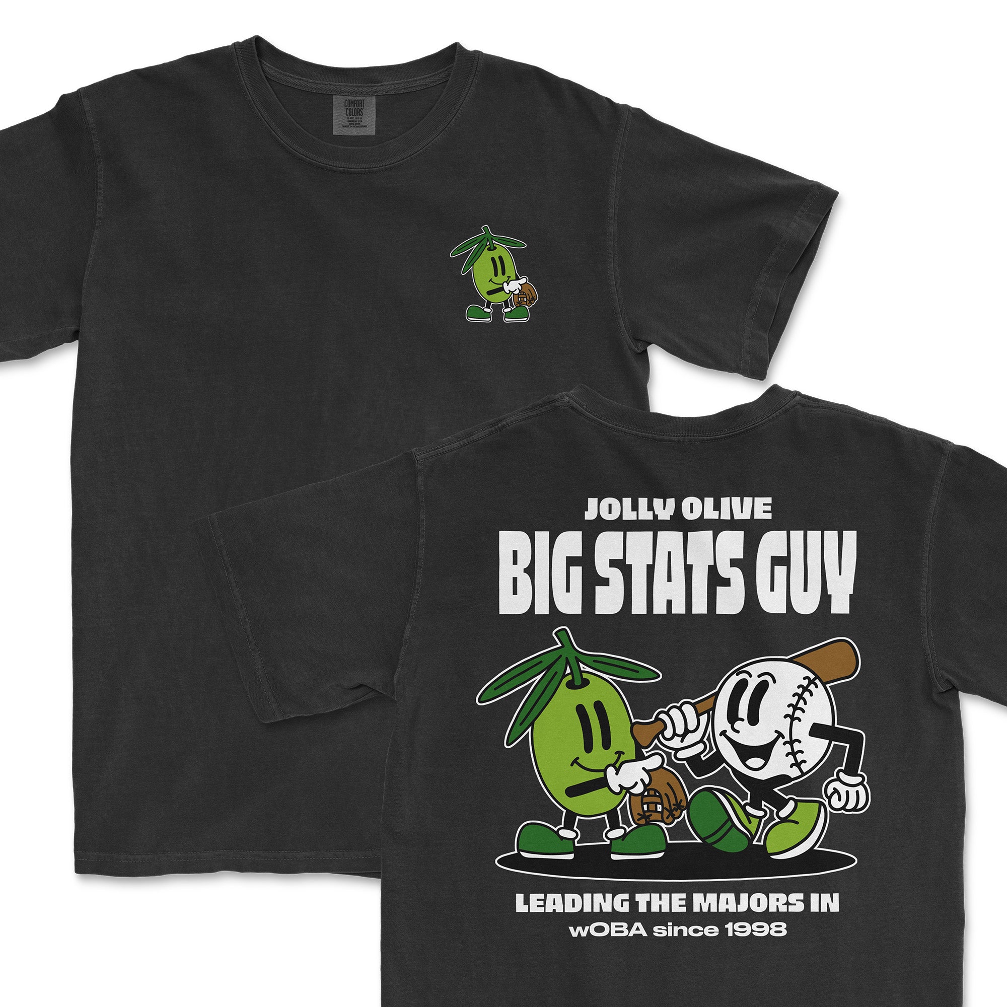 Black t-shirt featuring the Jolly Olive character and "Big Stats Guy" text, celebrating baseball stats and analytics.