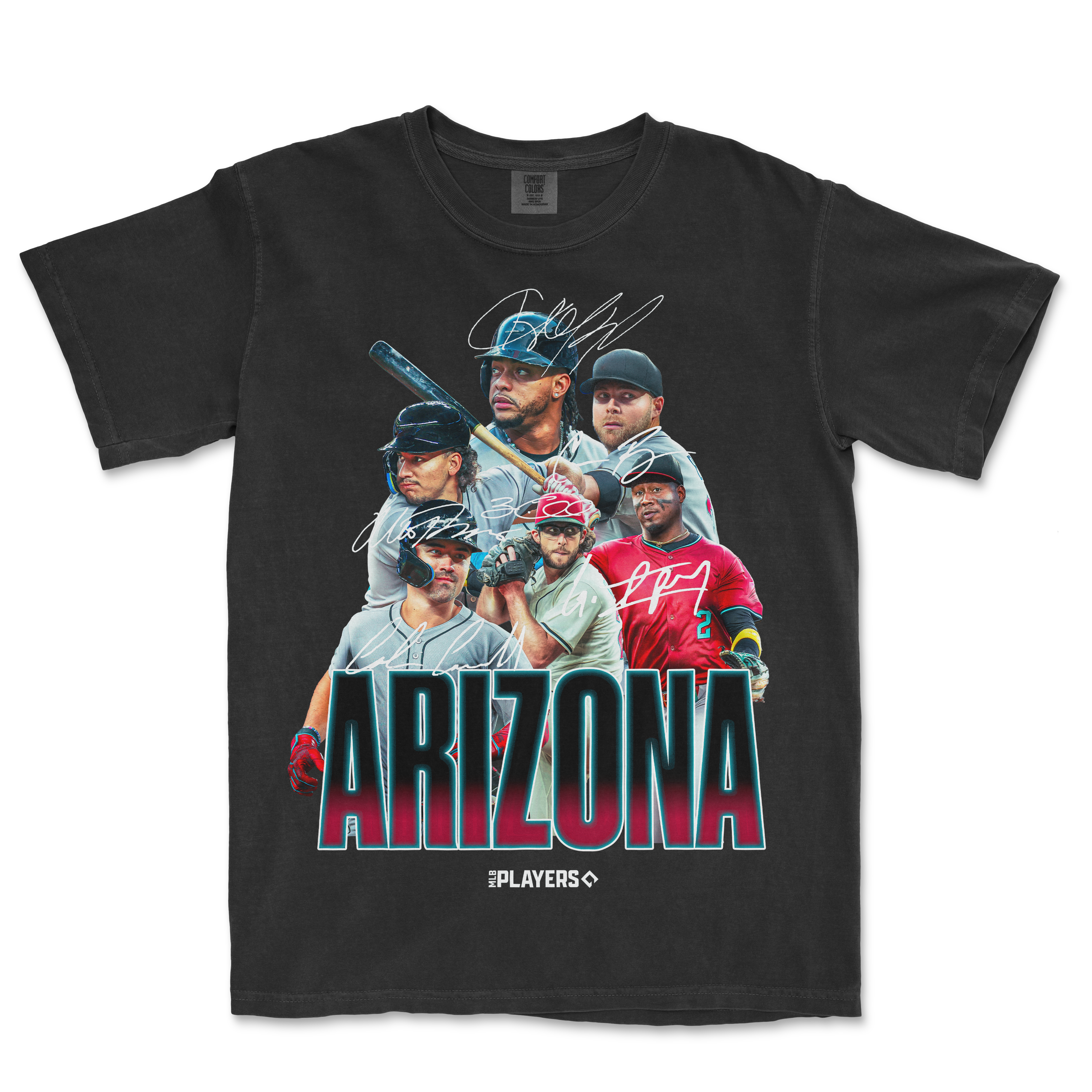Black Comfort Colors T-shirt featuring a colorful Arizona baseball team graphic with autographs and bold "ARIZONA" text.