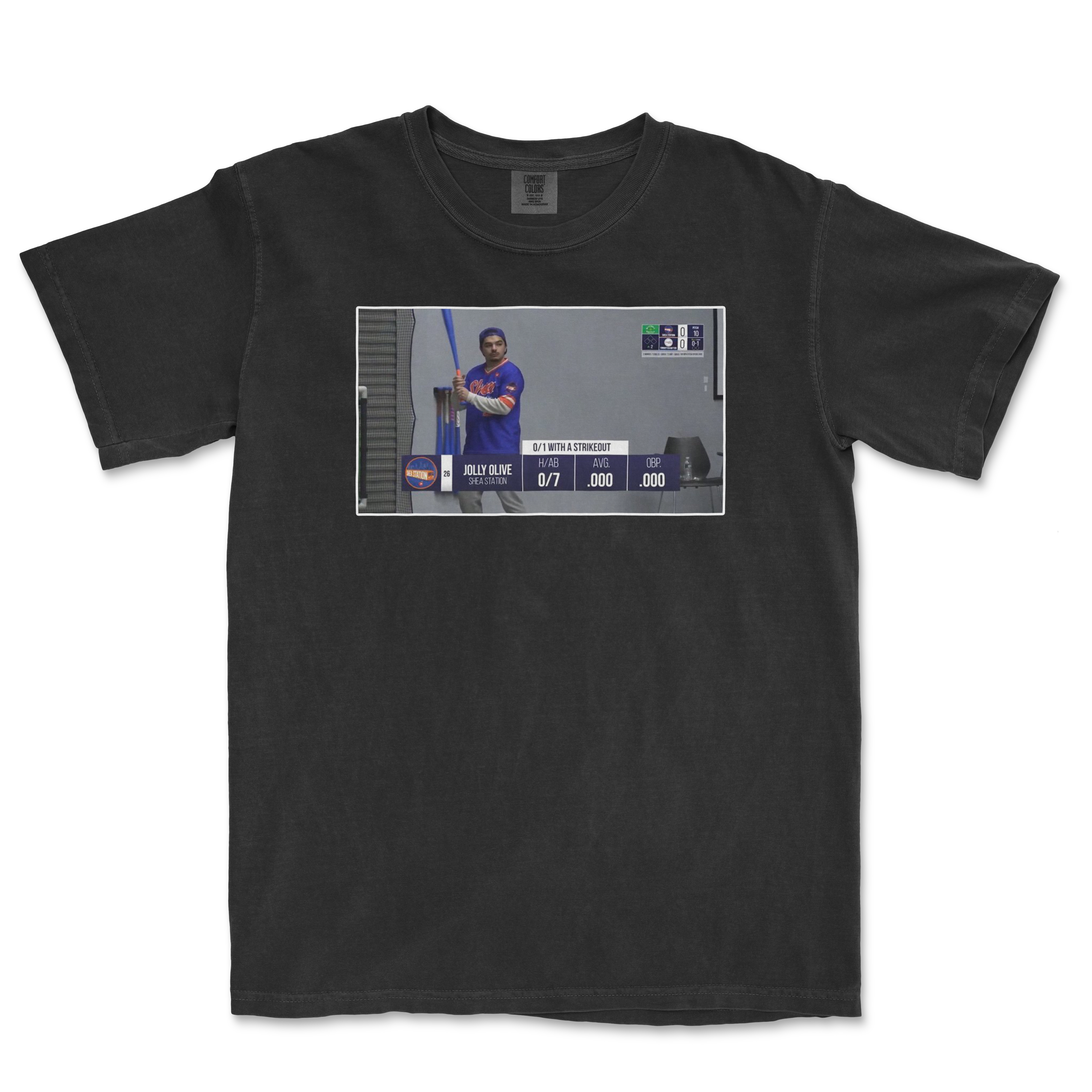 Black t-shirt featuring a graphic of Jolly Olive with a scoreboard displaying 0-7 and batting stats. Perfect for sports fans.