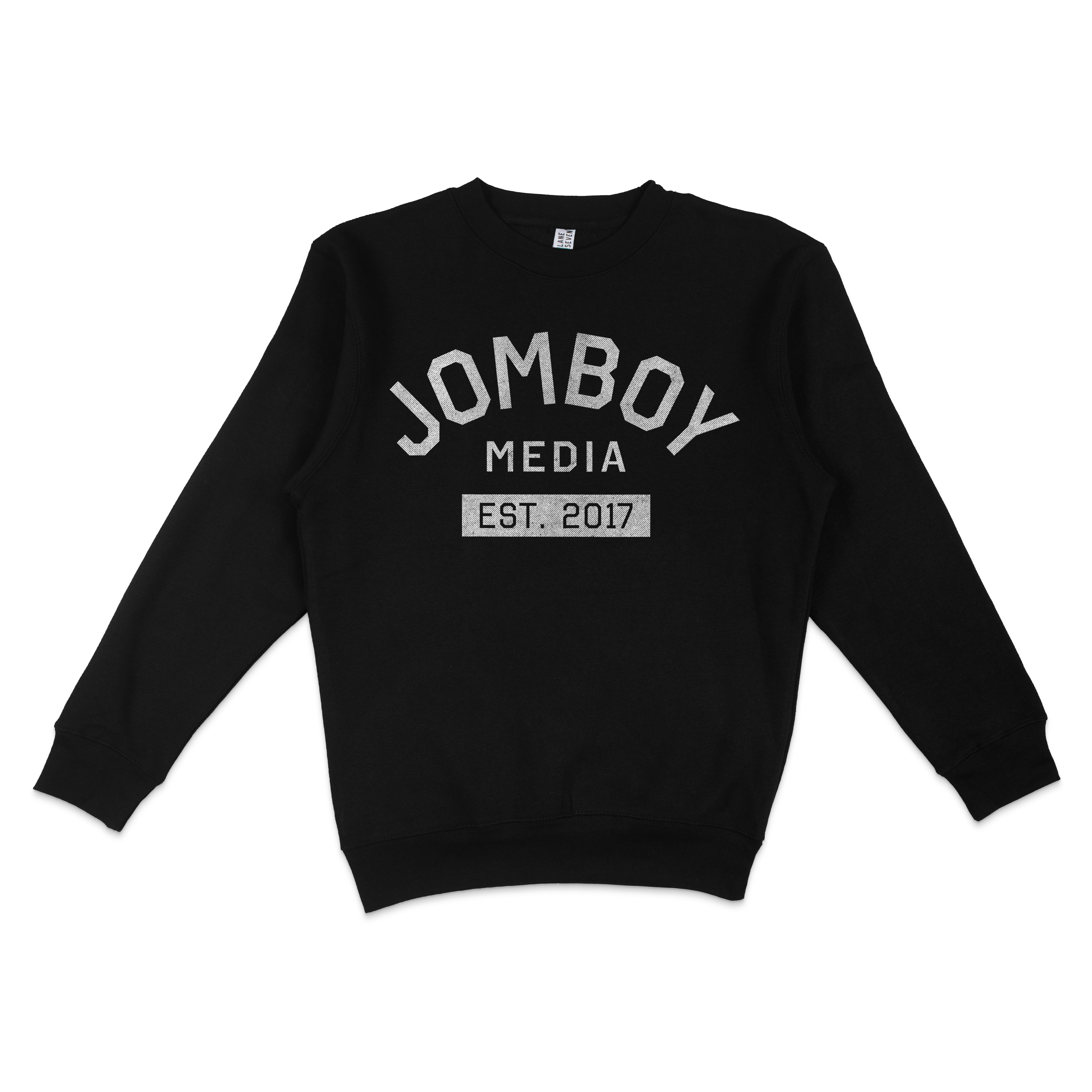 Black crewneck sweatshirt with "Jomboy Media Est. 2017" printed in white on the front.