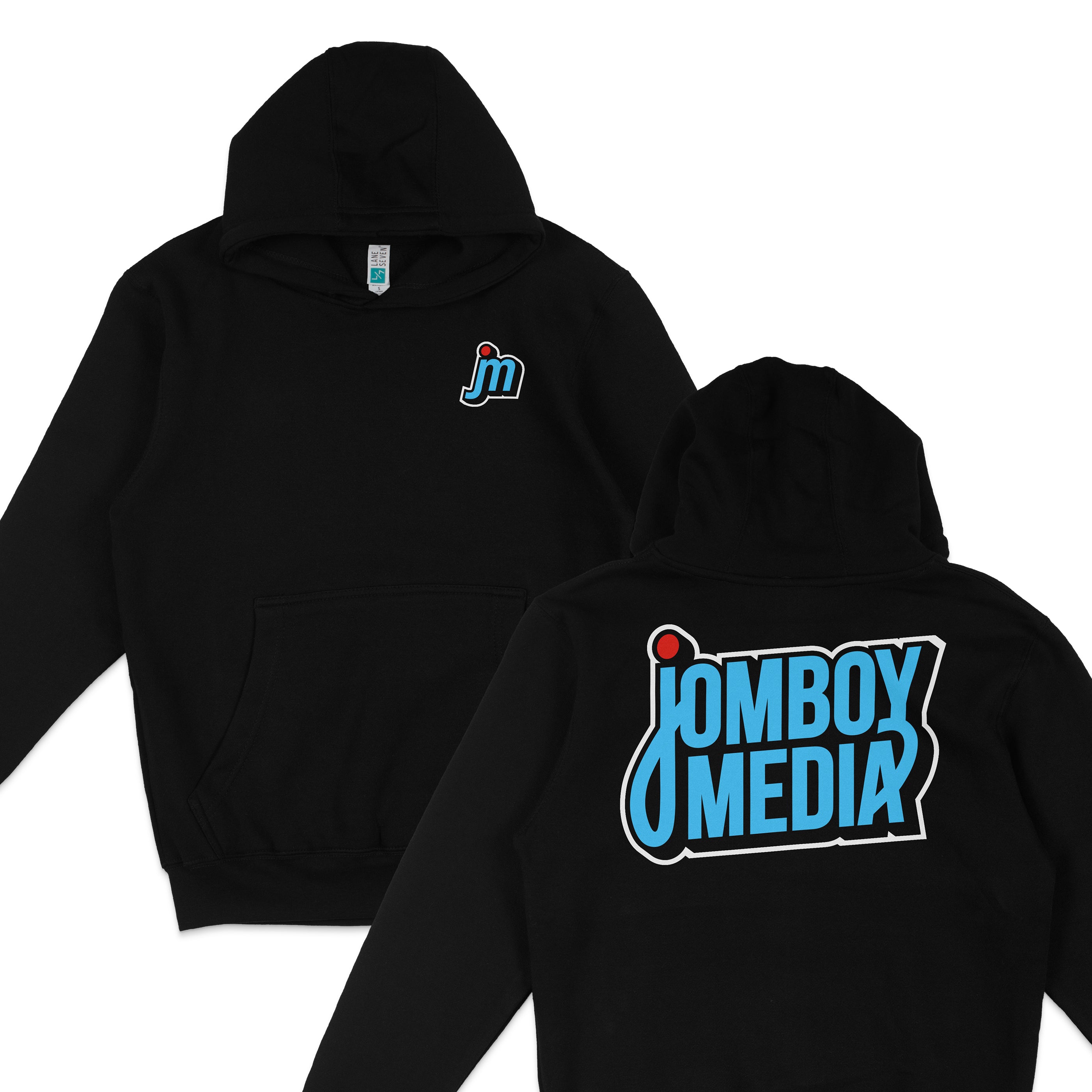 Black JM Essentials '25 Hoodie featuring a front logo and large back design for Jomboy Media fans.