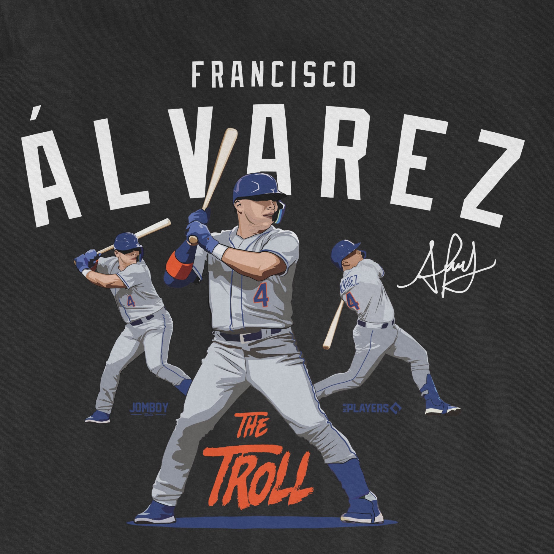 Illustration of Francisco Álvarez in baseball uniform, swinging a bat, with his name and signature, celebrating his nickname "The Troll.
