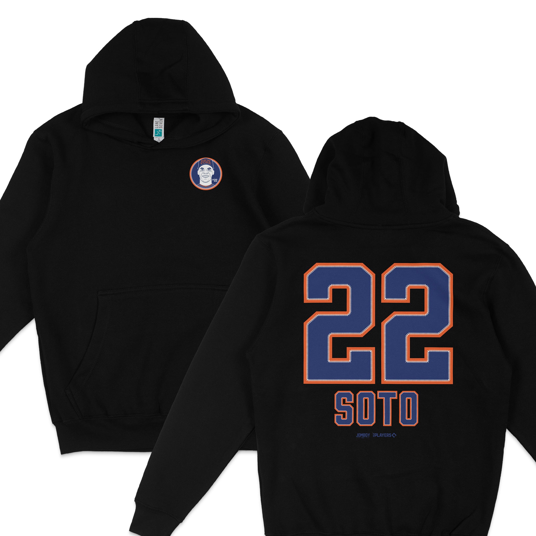 Black crewneck sweatshirt featuring Juan Soto NYM team logo on the front and "22 SOTO" with large number on the back.