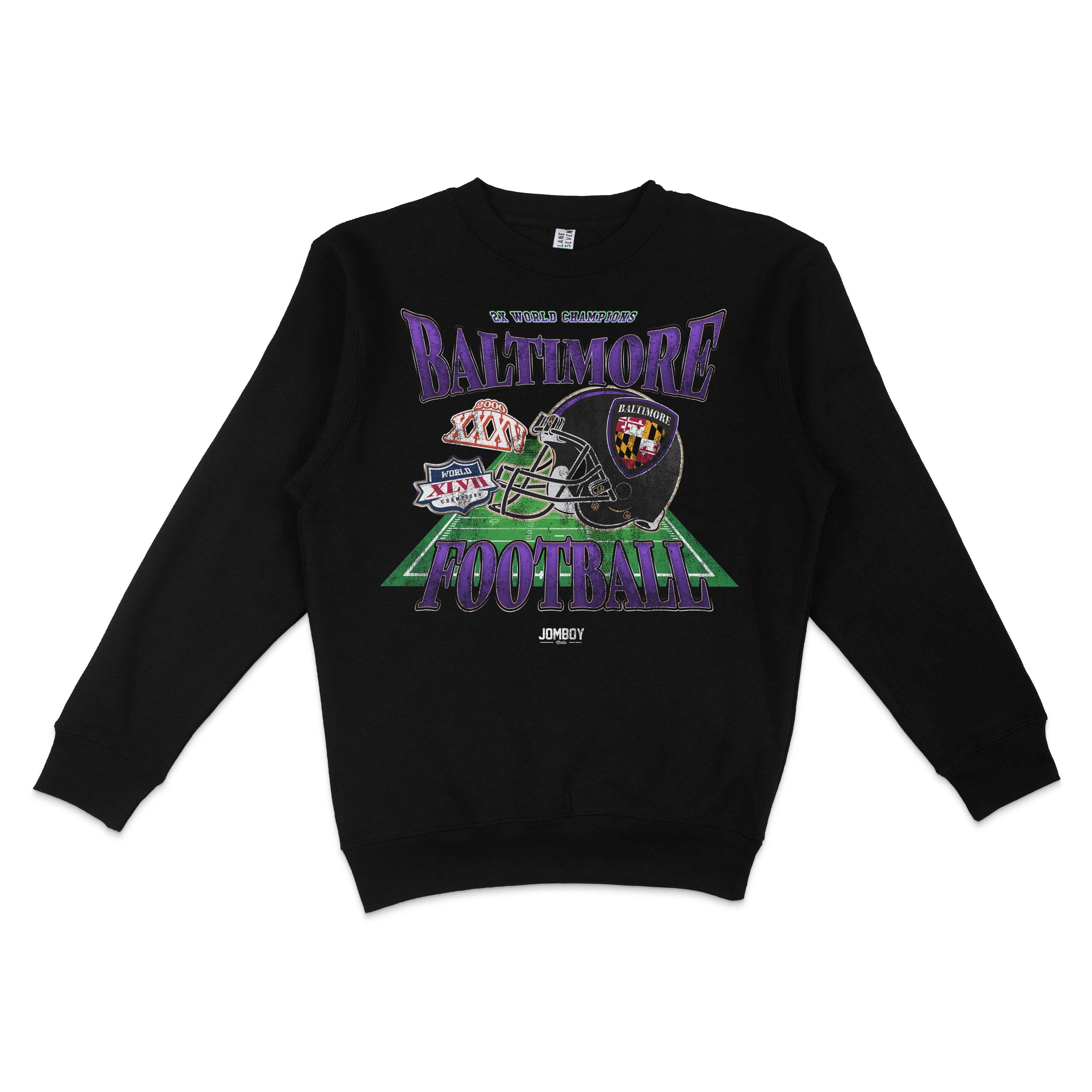 Black crewneck sweatshirt featuring colorful Baltimore football graphics, helmets, and text celebrating city football championships.