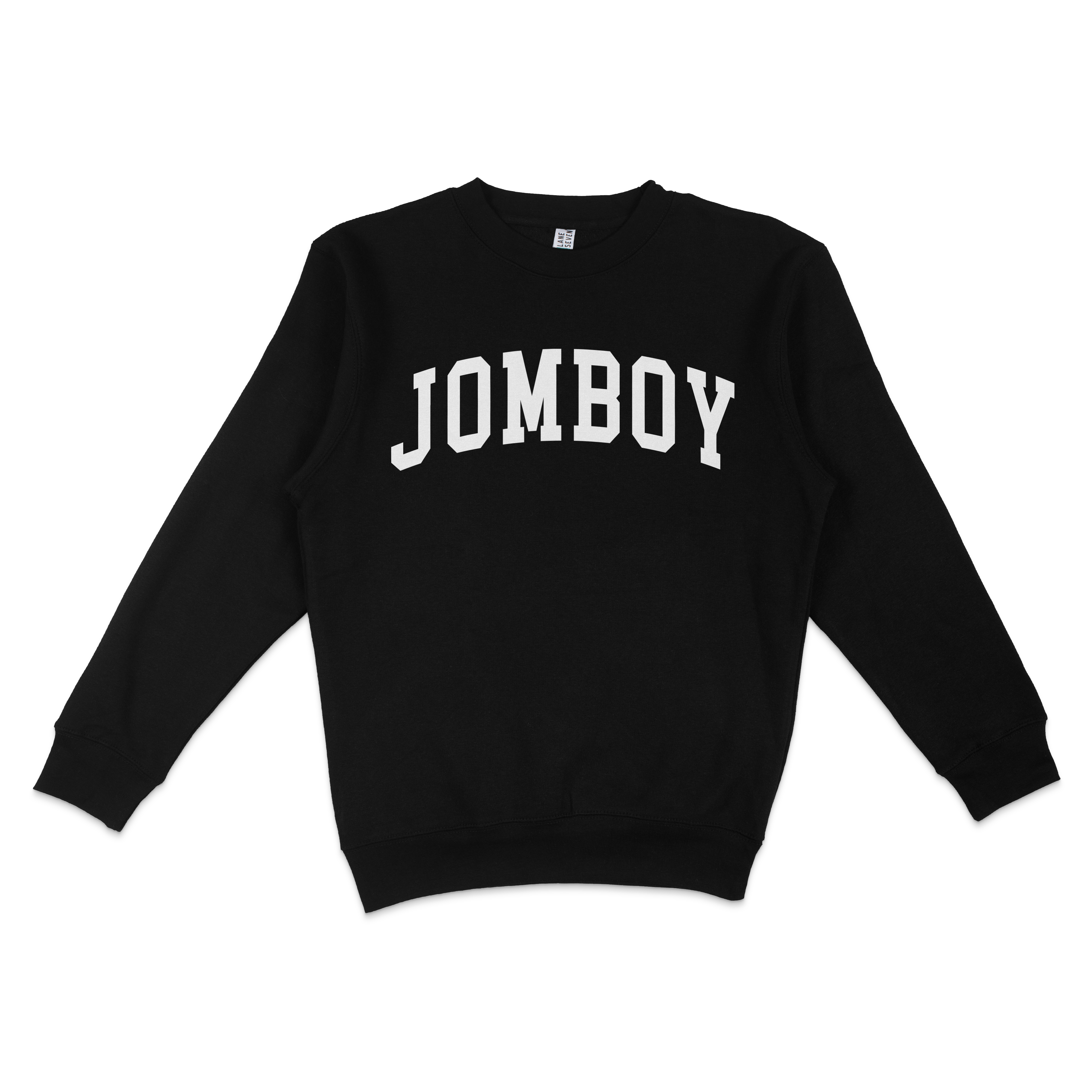Black crewneck sweatshirt with "JOMBOY" printed in bold white letters across the front.