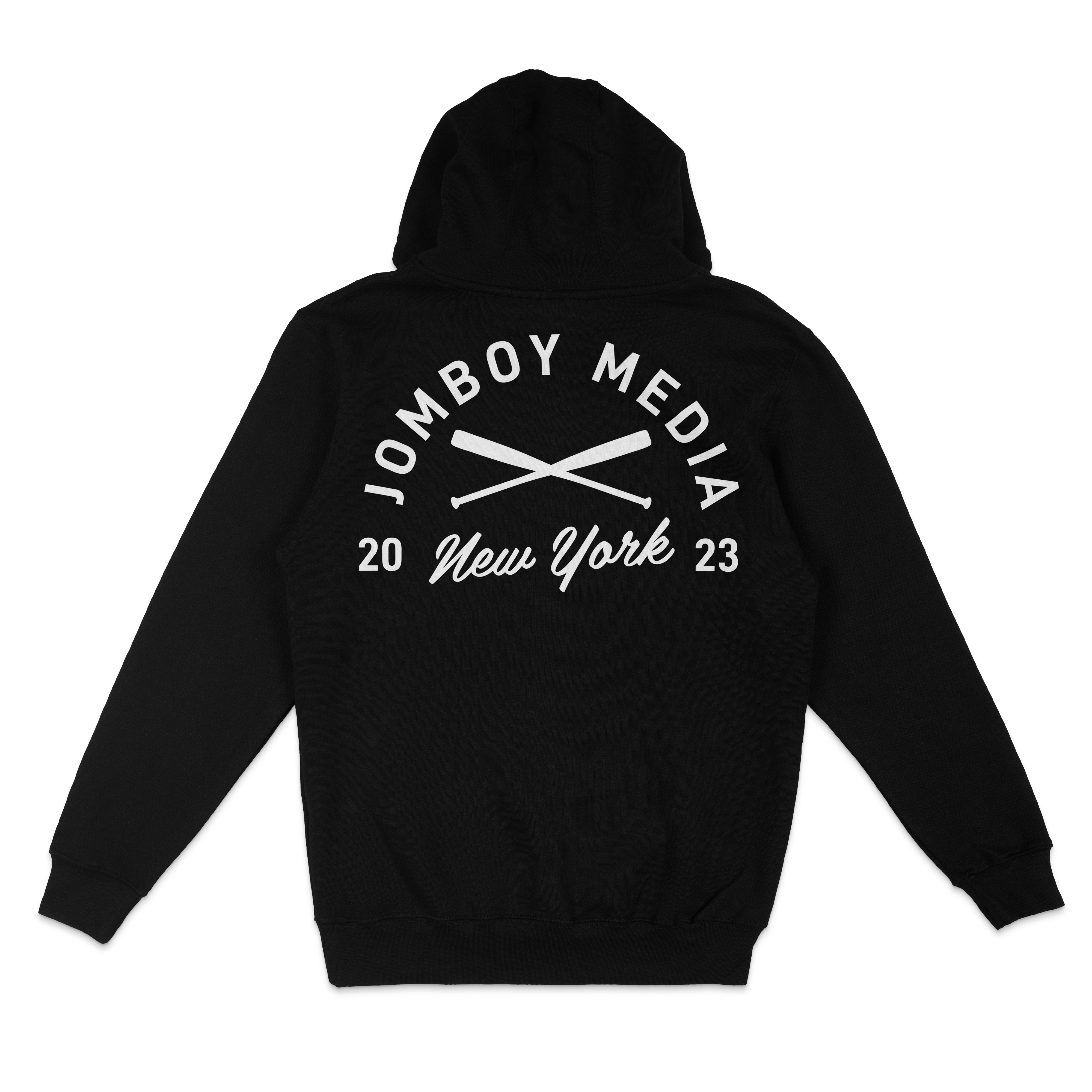 Black pullover fleece hoodie featuring a white "Jombo Boy Media" crest with crossed paddles, "New York 2023" text, and a stylish script.