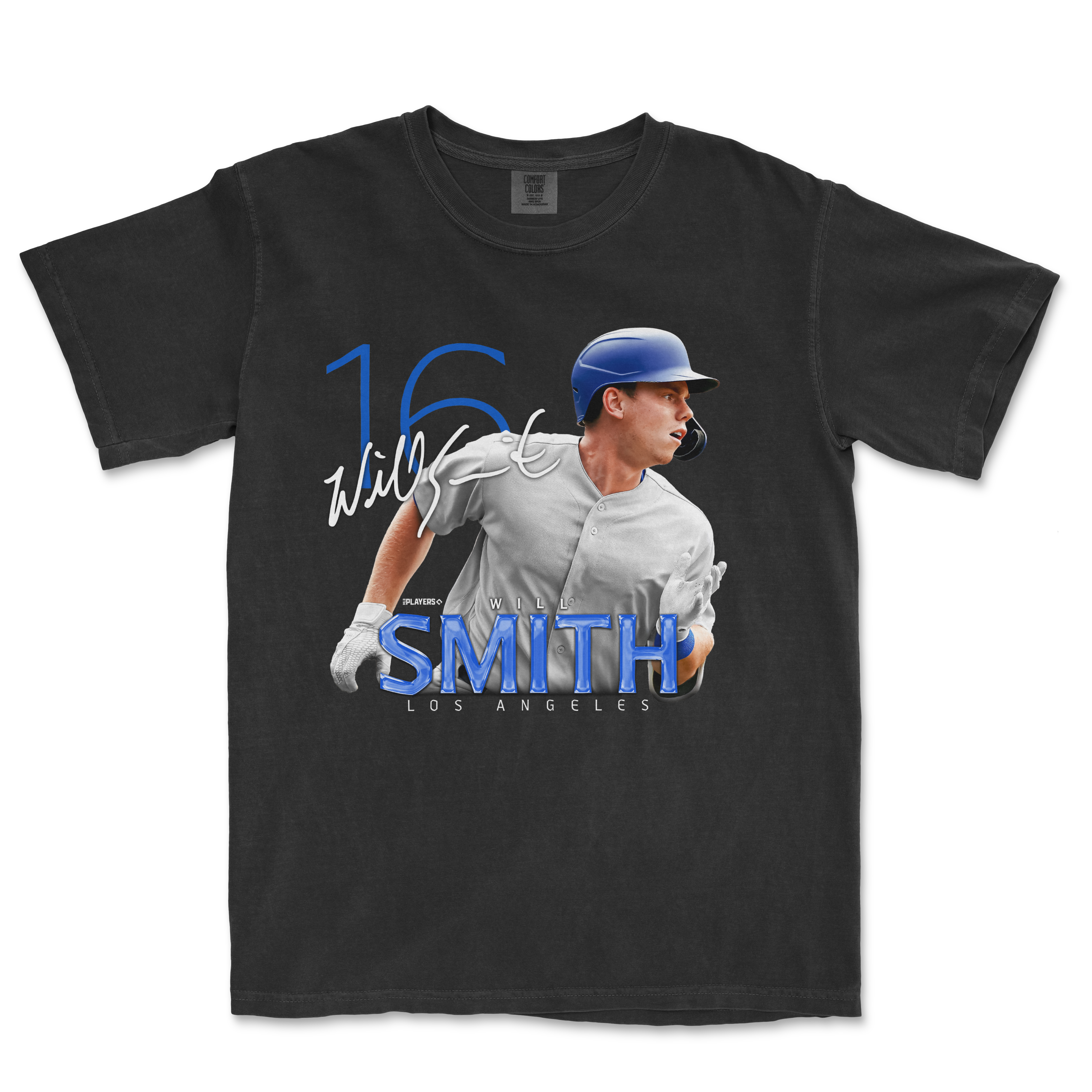 Black t-shirt featuring a graphic of Will Smith in a baseball uniform, showcasing his name and number 16.