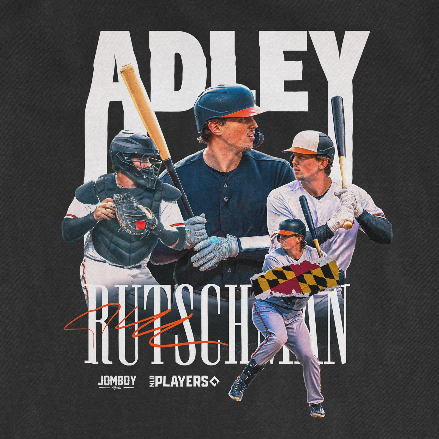 Black Comfort Colors tee featuring Adley Rutschman signature series with images of him batting, catching, and celebrating.