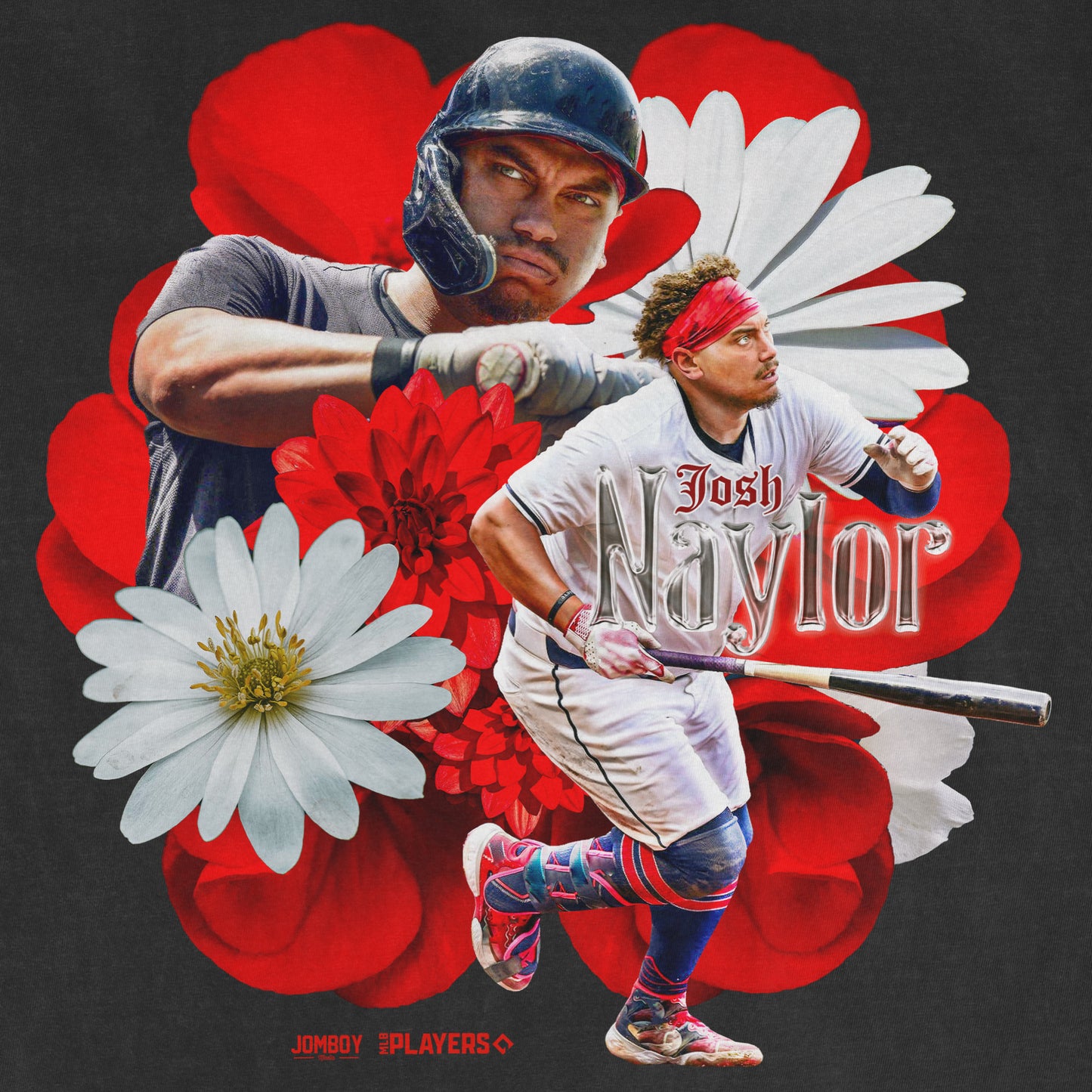 Collage of two baseball players with flowers and the text "Josh Naylor" on a dark background.
