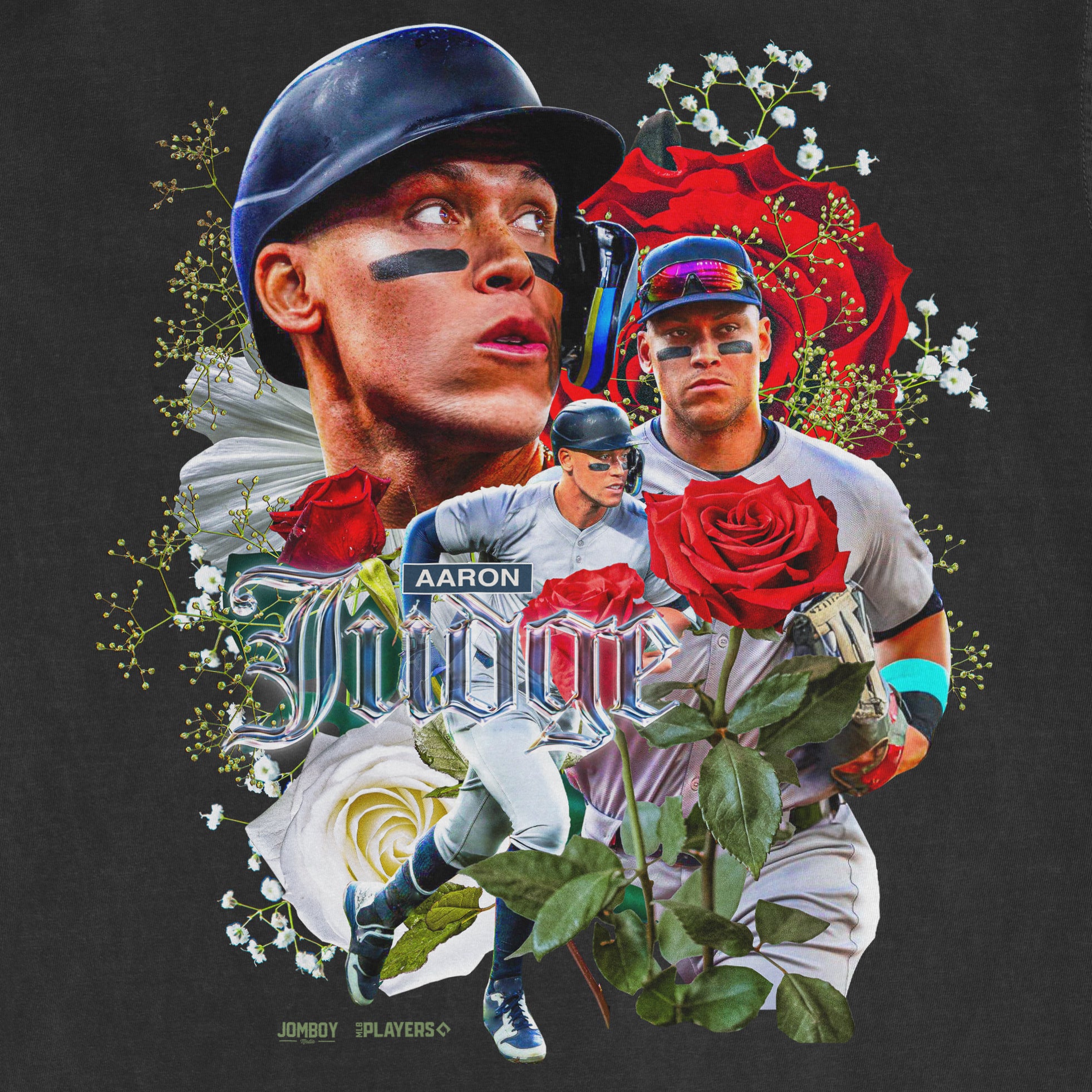 Collage of baseball player Aaron Judge surrounded by red and white roses, greenery, and floral accents on a dark background.
