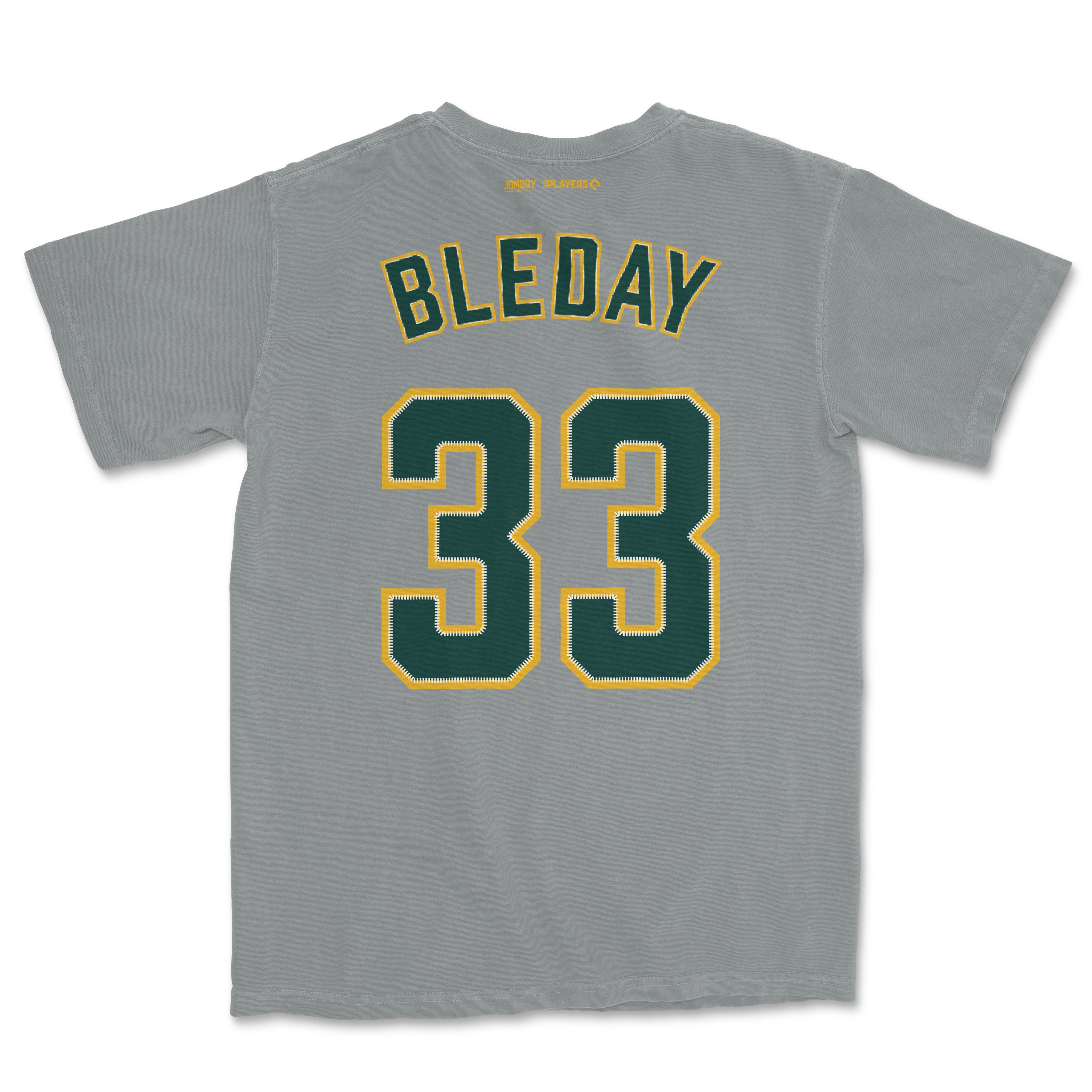 Gray Comfort Colors tee featuring "Bleday" and the number "33" in green and yellow, with a sports-inspired design.