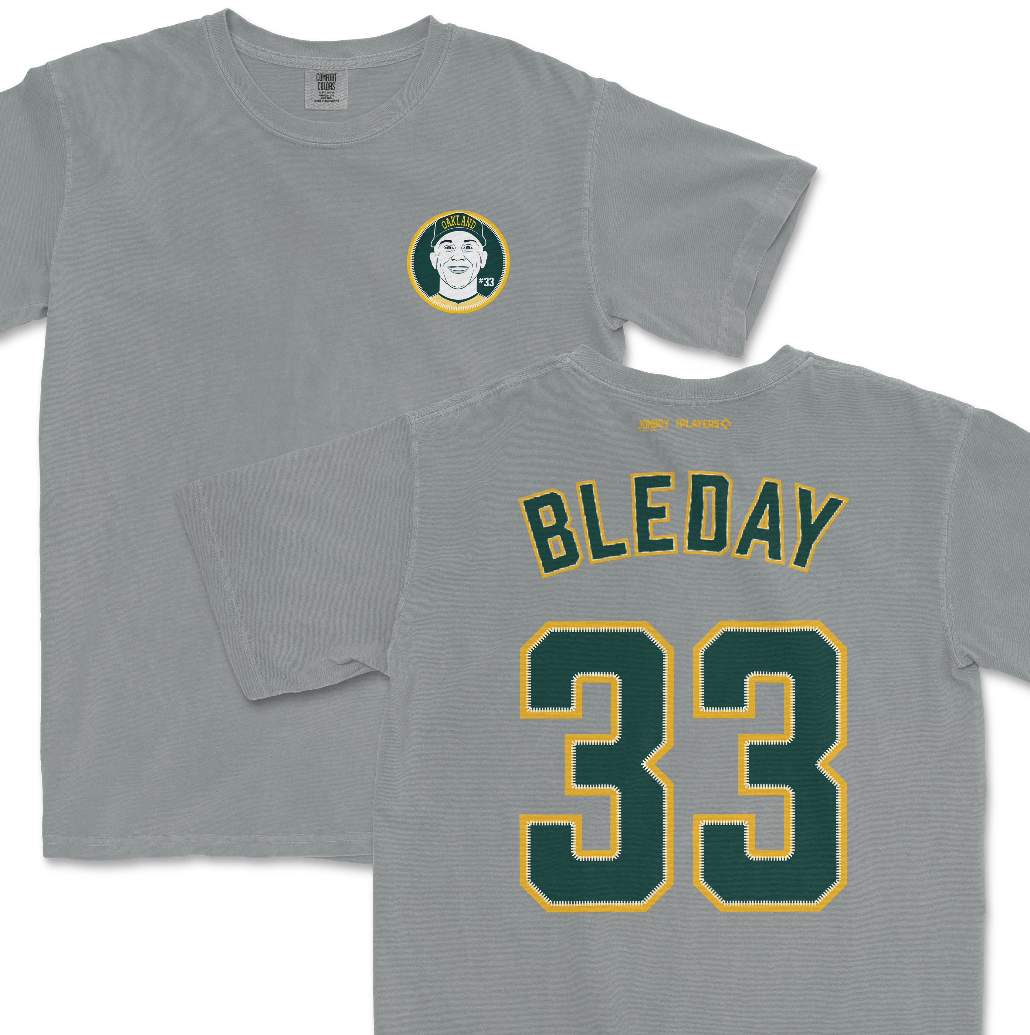 Gray Comfort Colors tee featuring JJ Bleday's name, number 33, and Oakland Athletics logo on the front.