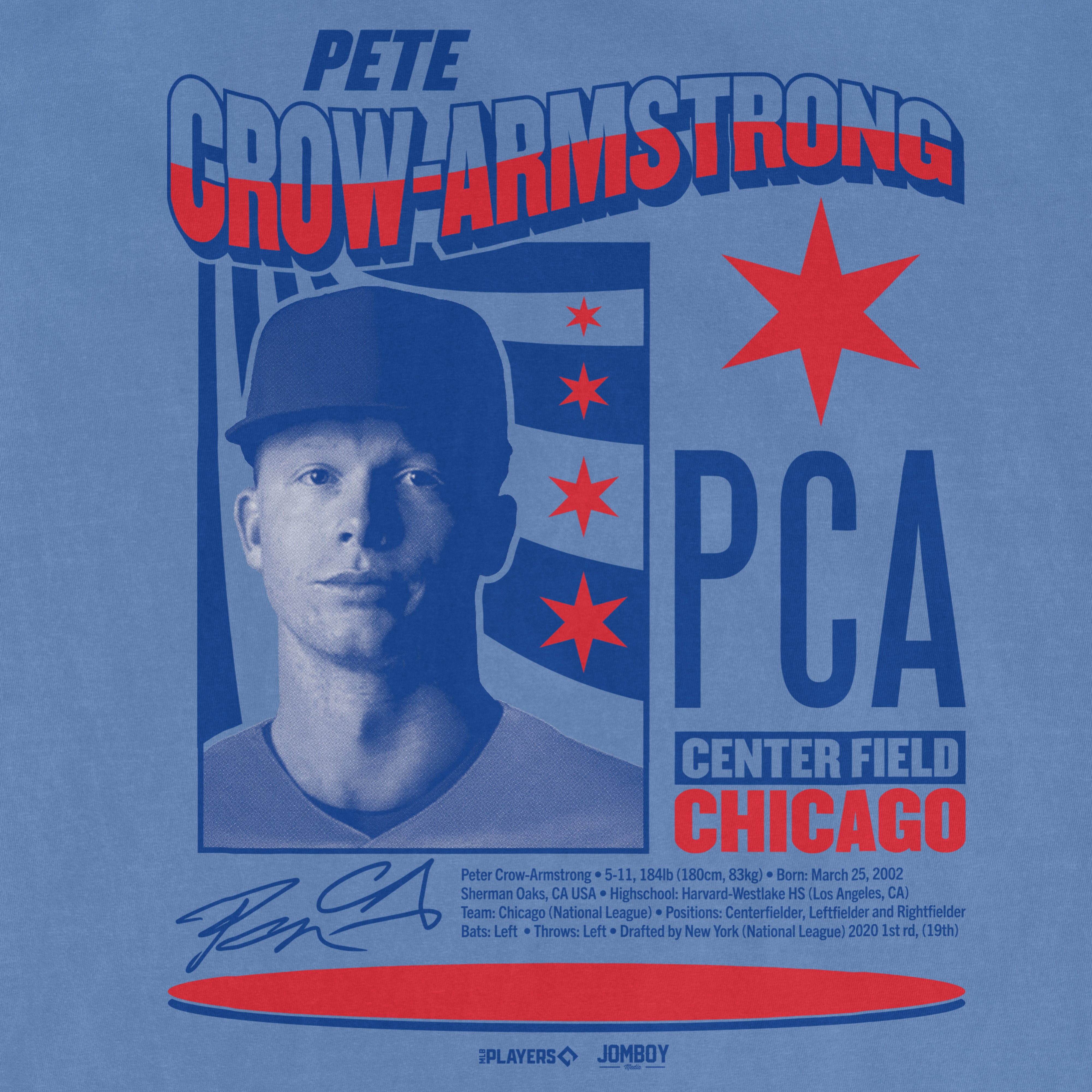 Close-up of Pete Crow-Armstrong Signature Series graphic T-shirt featuring a stylized portrait, signature, and team info in blue, red, and white.