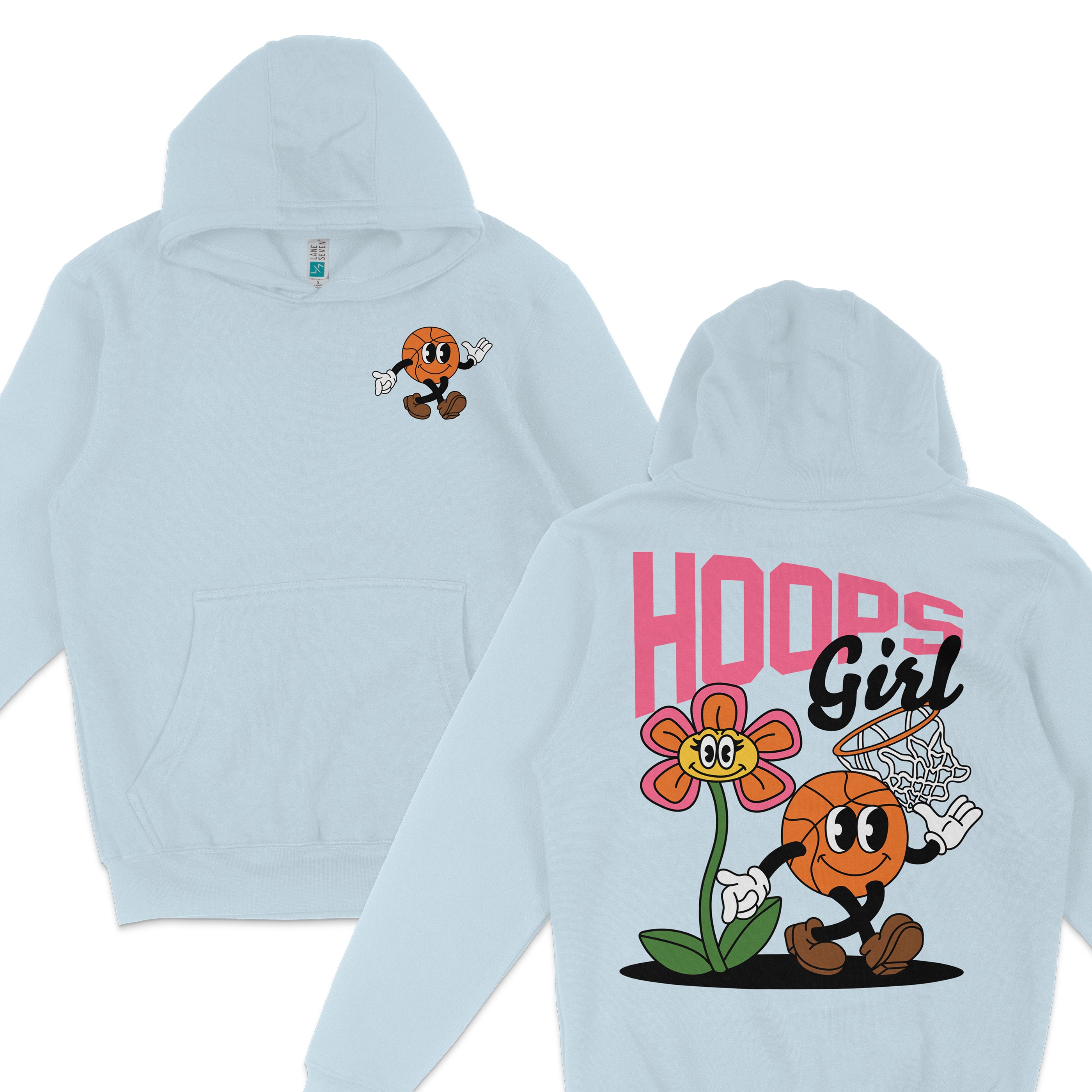 Light blue hoodie featuring a cartoon basketball character and a flower with "Hoops Girl" text on the back.