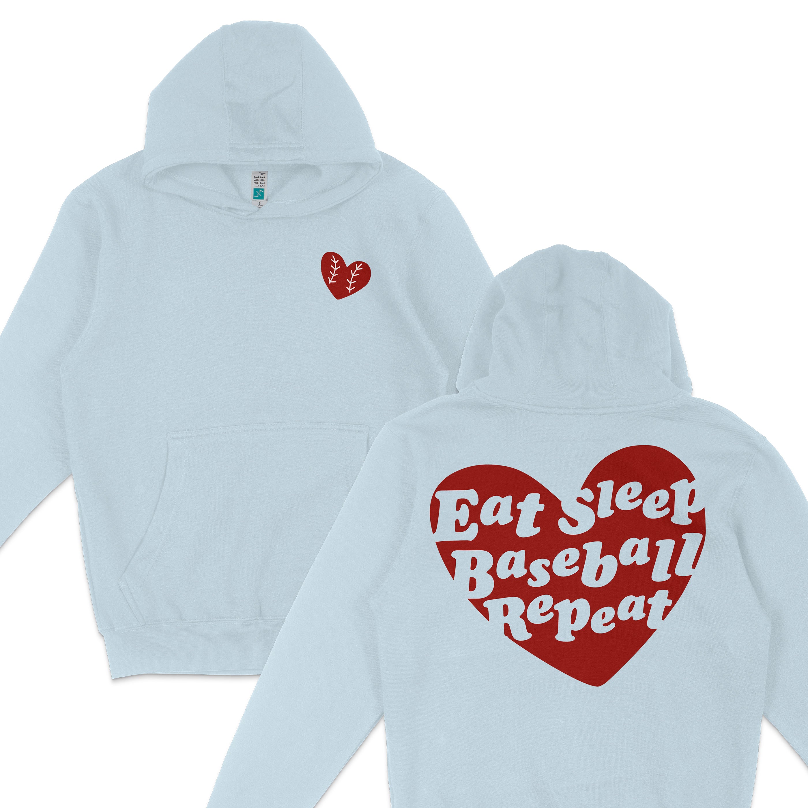 Light blue hoodie with a small red heart and baseball stitching on the front, and a large red heart with "Eat Sleep Baseball Repeat" text on the back.