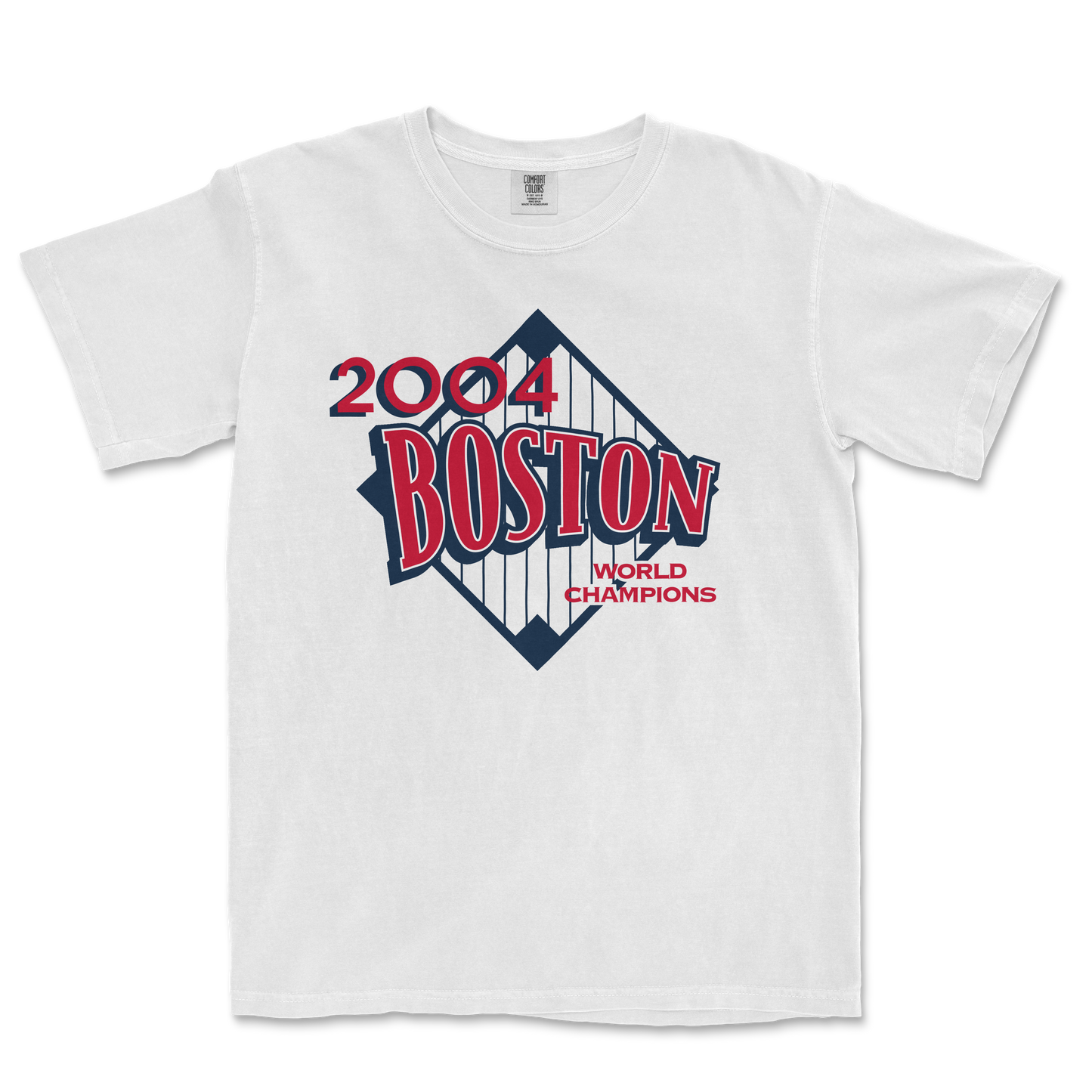 White Comfort Colors T-shirt featuring a 2004 Boston World Champions graphic with a baseball diamond design and bold red and navy text.