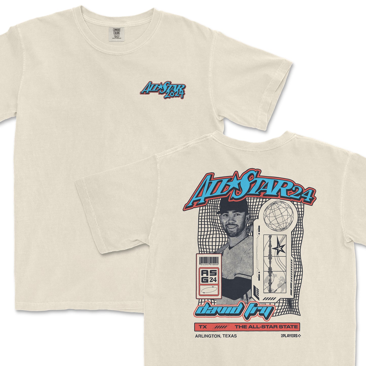 Beige Comfort Colors T-shirt featuring a colorful graphic design for David Fry's All-Star Game, with event details and artwork on the back.
