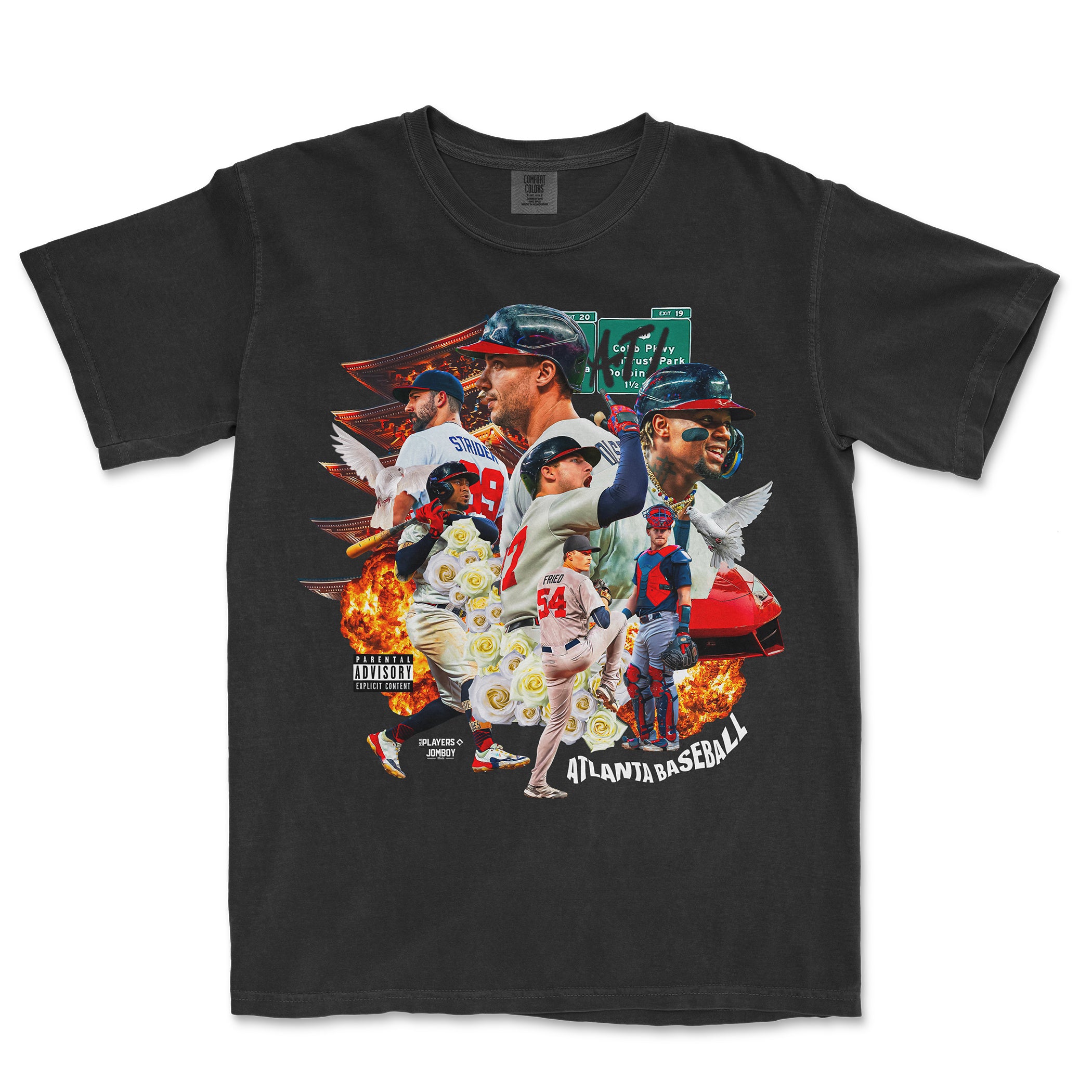 A black T-shirt featuring a collage of Atlanta Braves baseball players, flames, white roses, a red sports car, and urban signs.