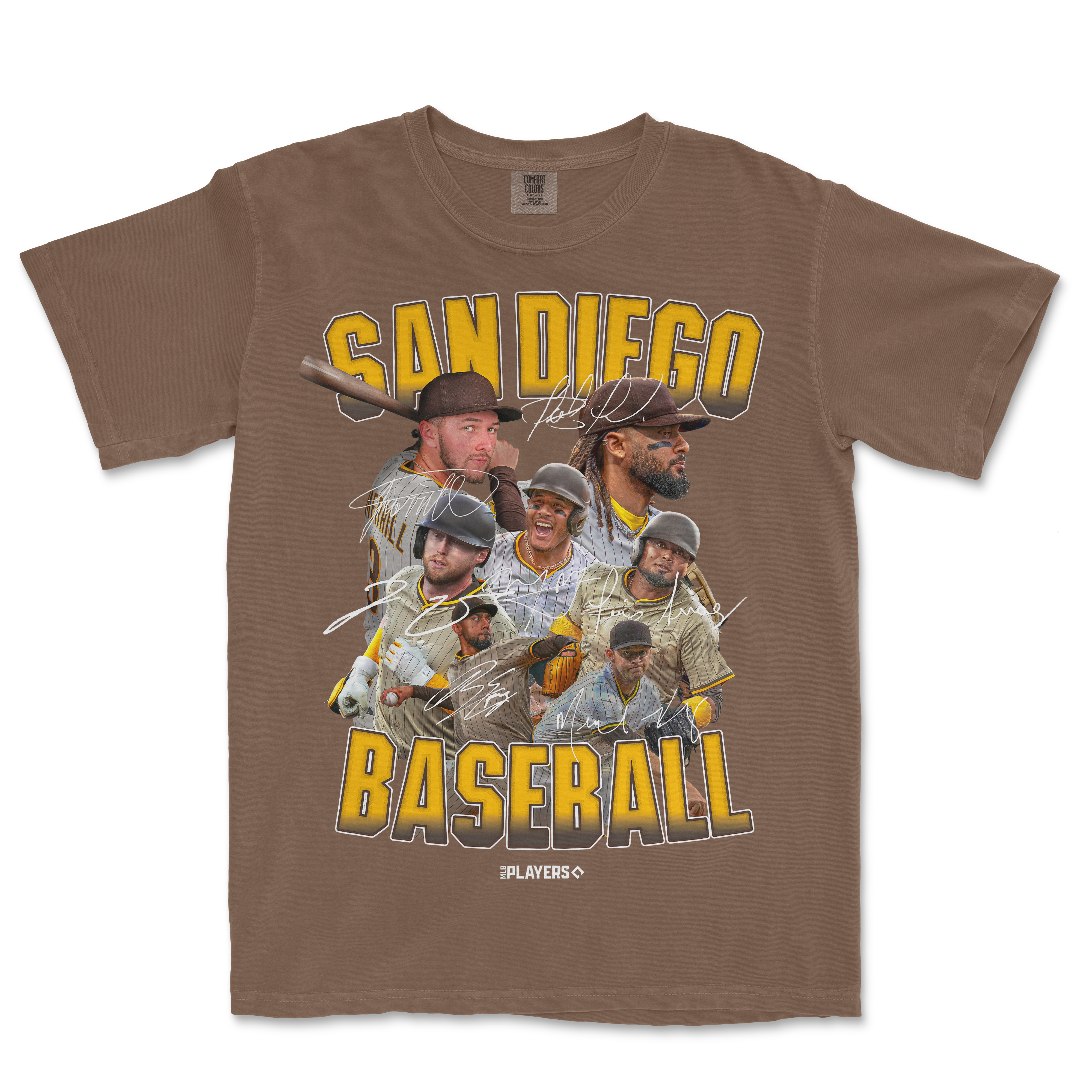 Brown SD Signature Series baseball t-shirt featuring a collage of signed players, "San Diego Baseball" text, and team logo.