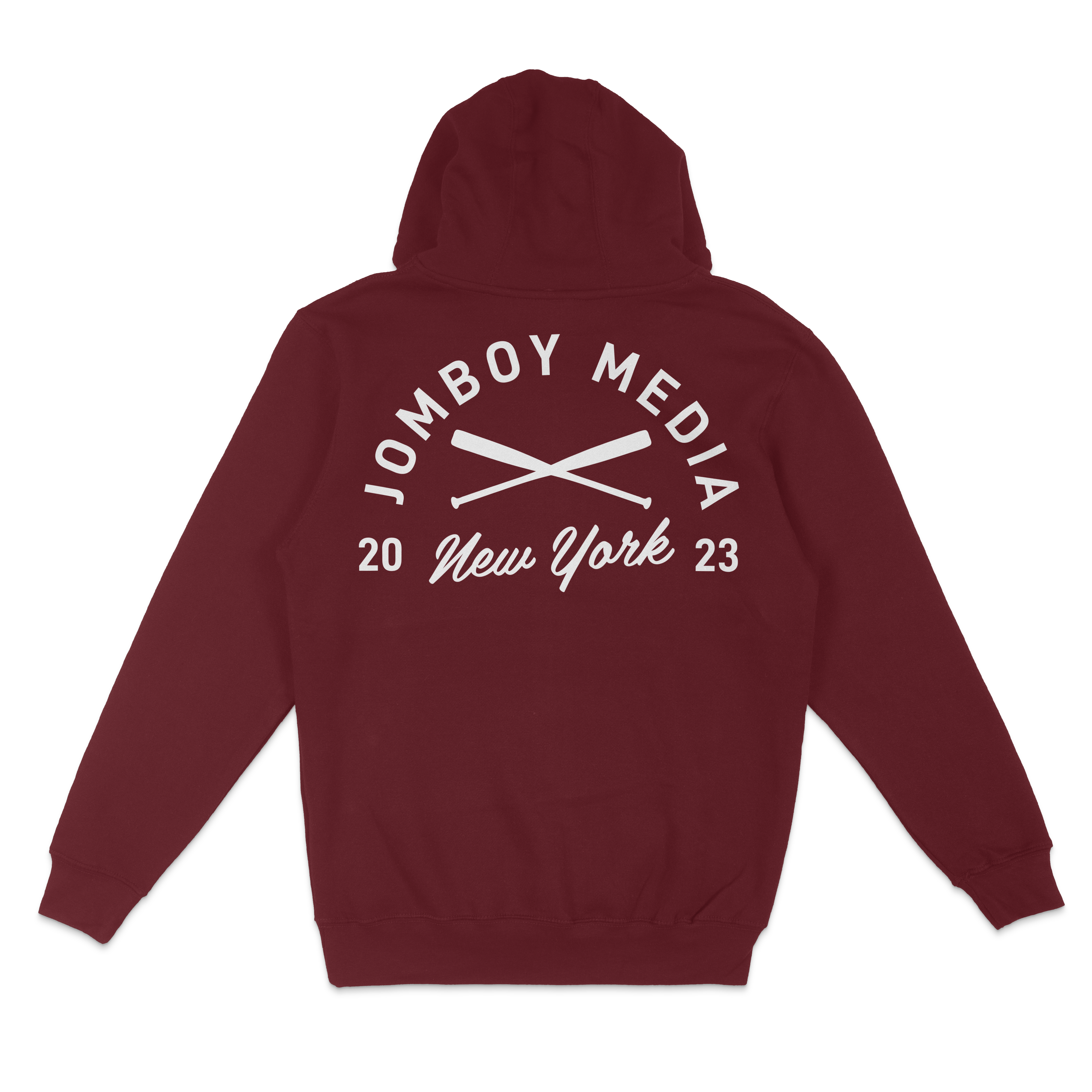 Maroon pullover hoodie featuring a white "Jombo Boy Media" logo with crossed baseball bats, "New York 2023" text on the back.