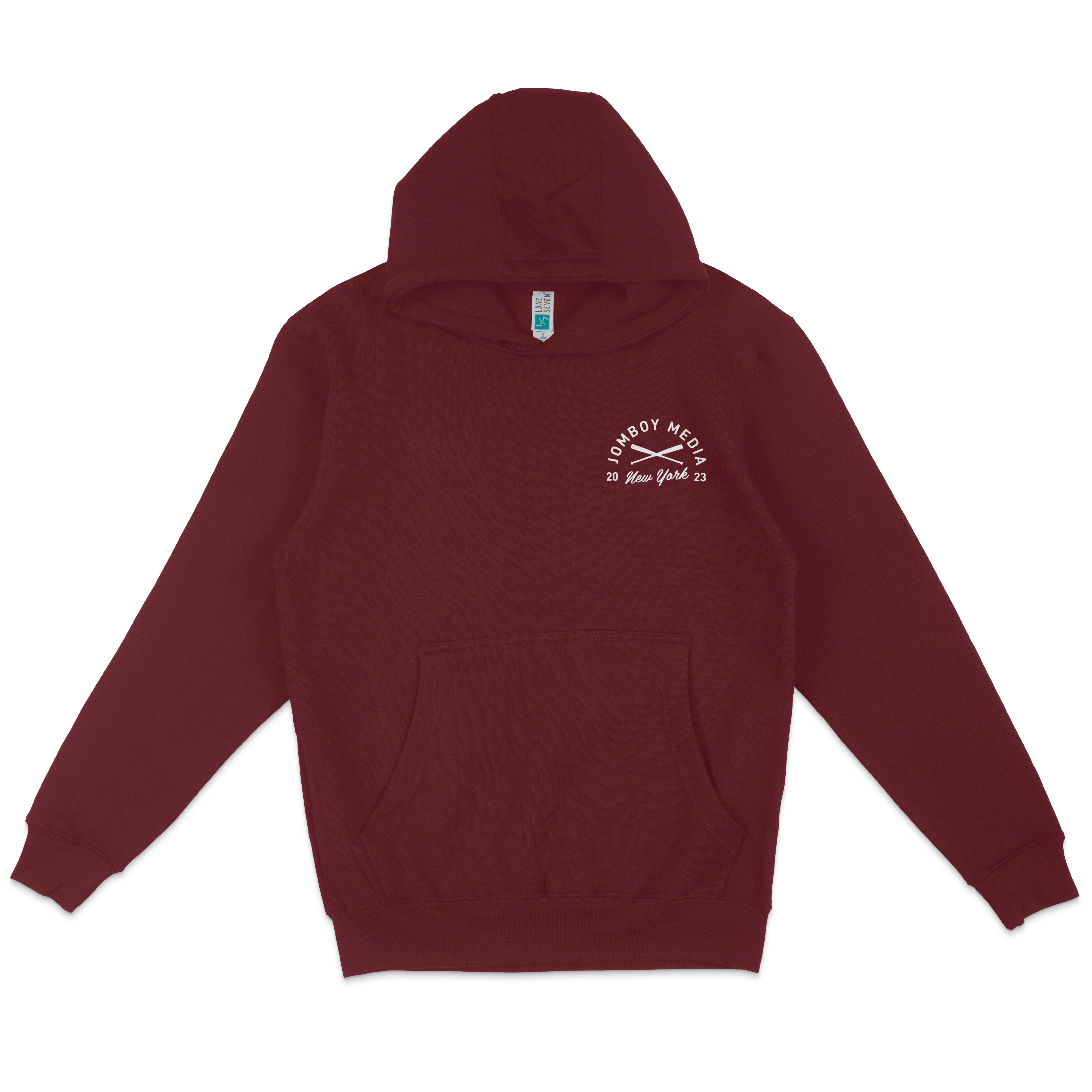 Maroon hoodie featuring the JM Coat of Arms logo with "Omboy Media New York 2023" text on the chest.