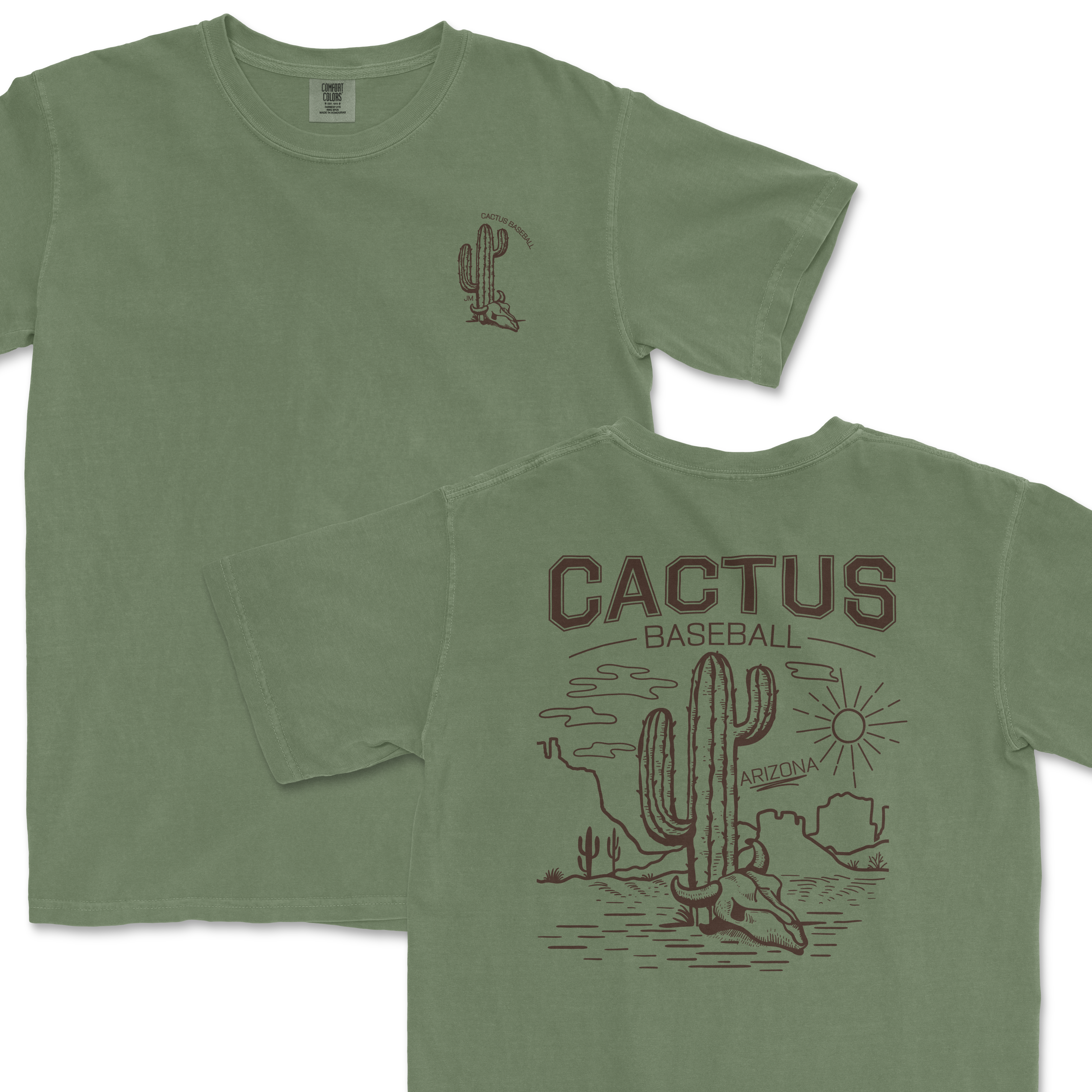 Green Comfort Colors tee featuring a cactus and desert scene with "Cactus Baseball 2025" text on front and back.