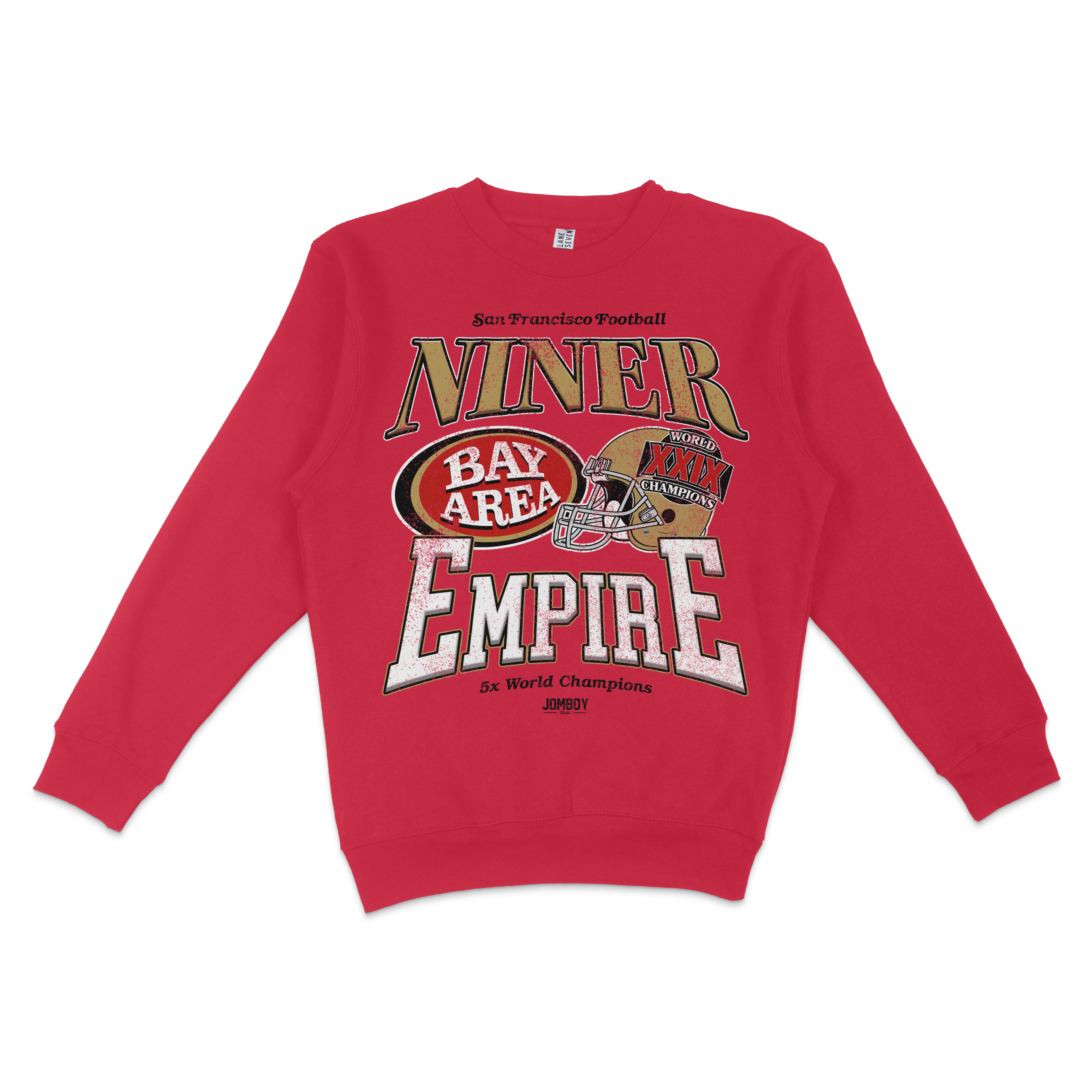 Red crewneck sweatshirt featuring vintage-style graphics and text celebrating the Niner Empire football team and its championships.