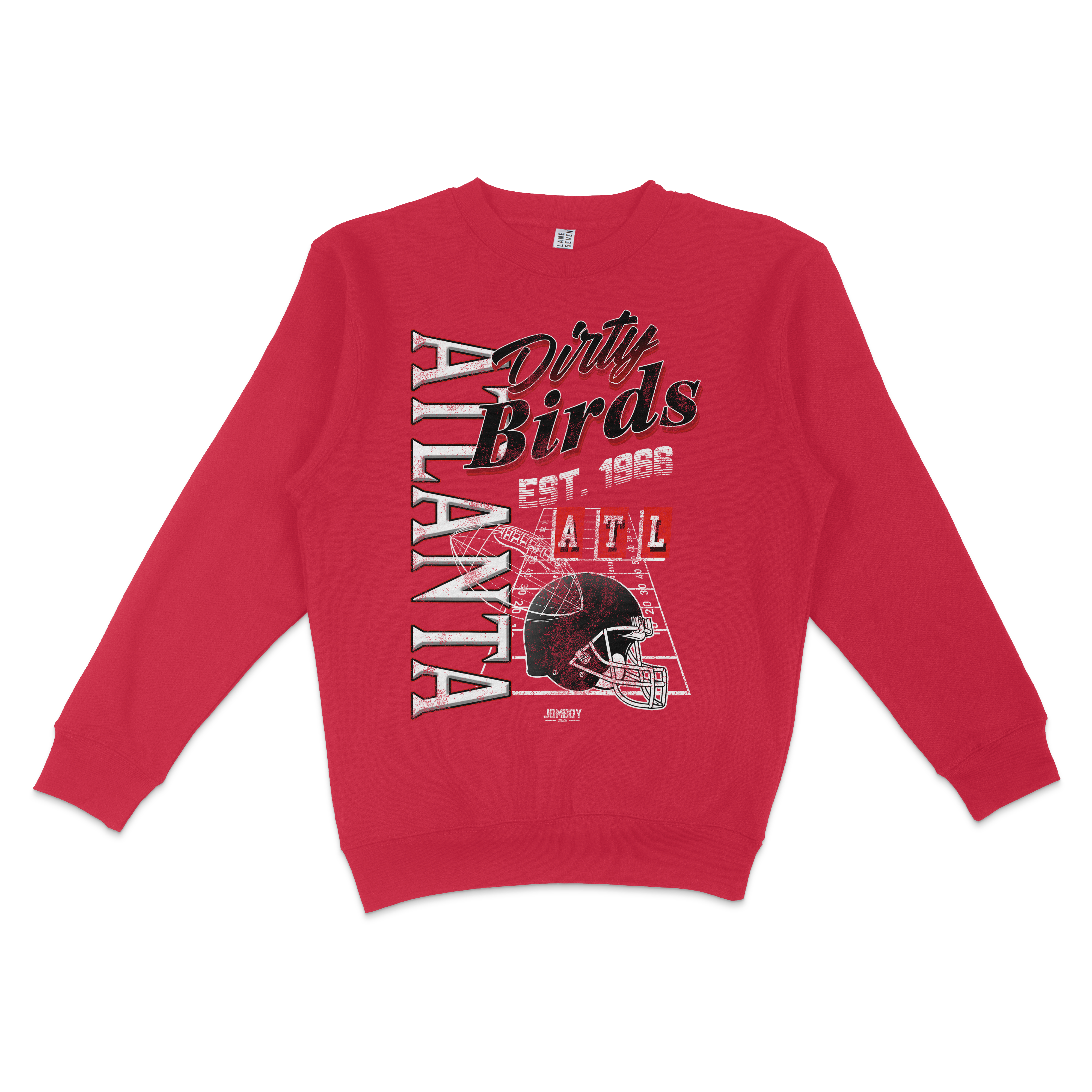 Red crewneck sweatshirt featuring "The Dirty Birds" logo, football helmet graphic, and vintage-style text design.