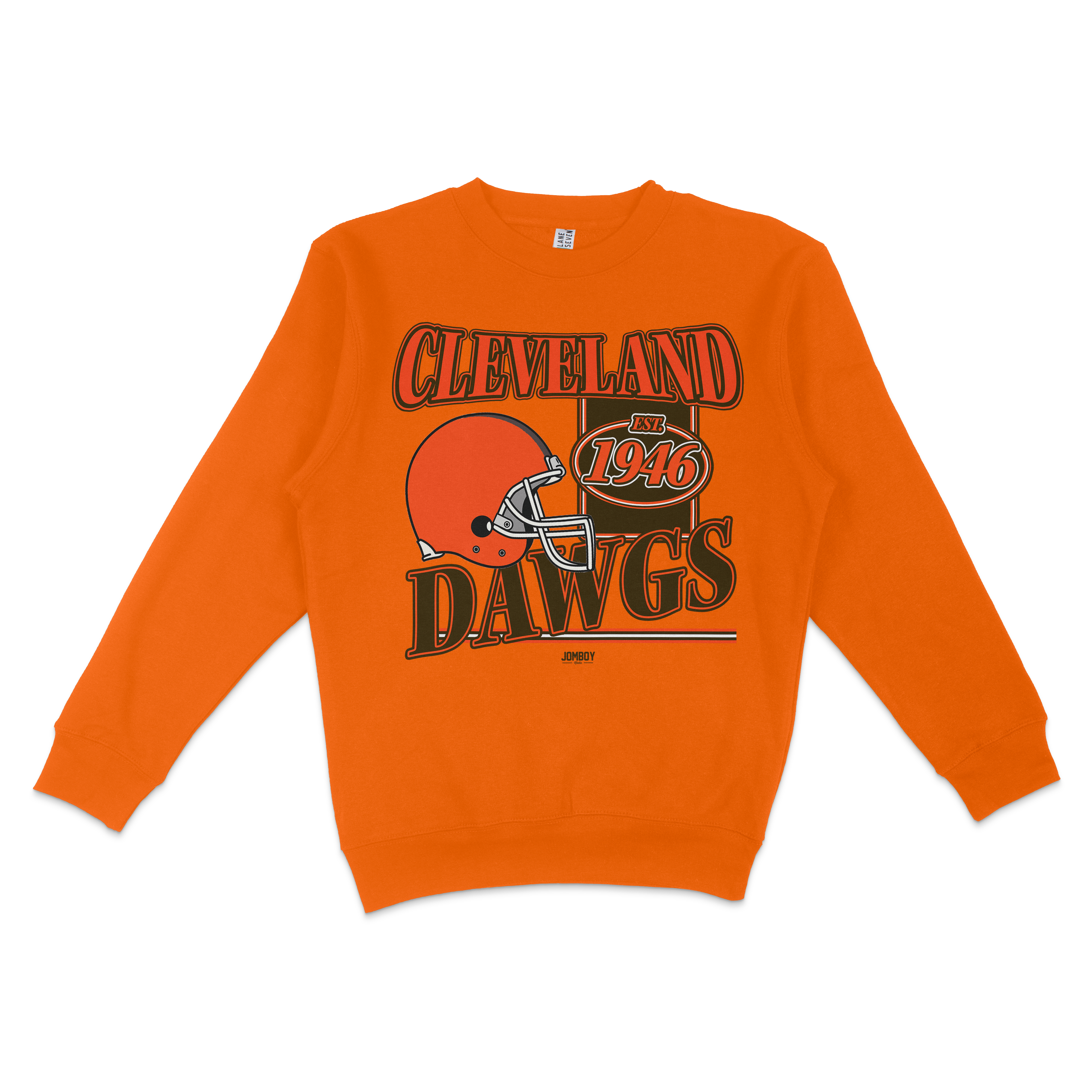 Bright orange crewneck sweatshirt featuring Cleveland Dawgs logo with a football helmet and "EST 1946" text.