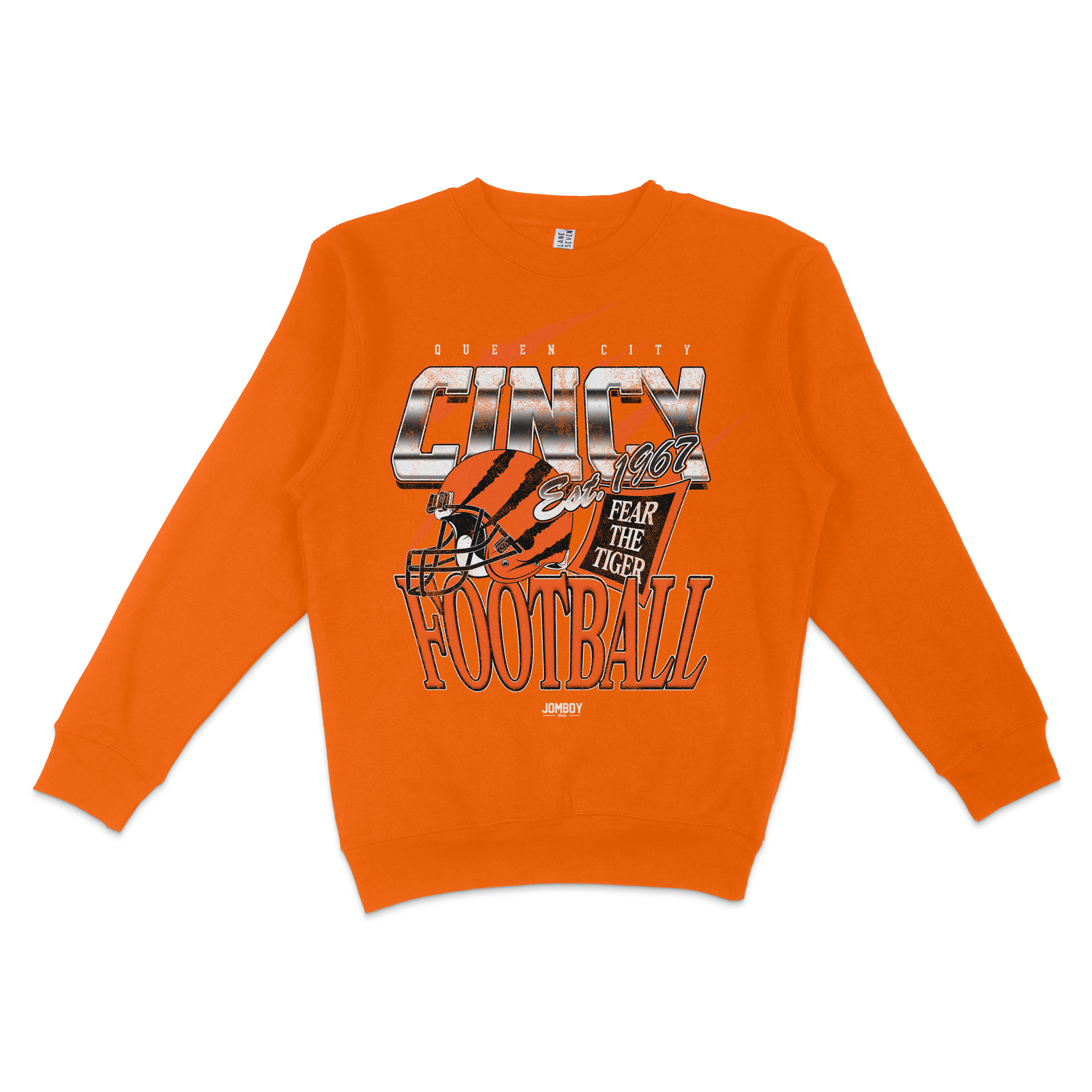 Orange crewneck sweatshirt featuring a bold graphic design with football helmet, "Fear the Tiger" text, and "Cincy" team logo.